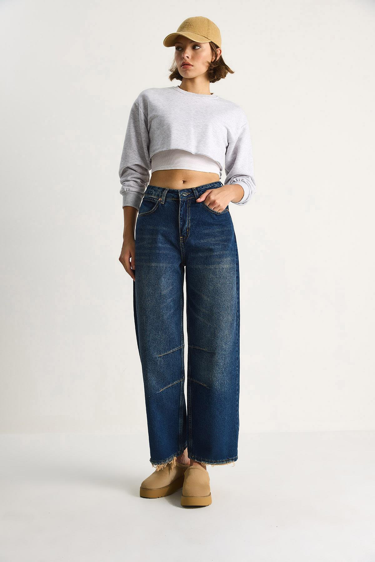 Kadın Baggy Fit Yüksek Bel Düz Paça Denim Pantolon 5287 60284108 - Lacivert PANTOLON modelleri