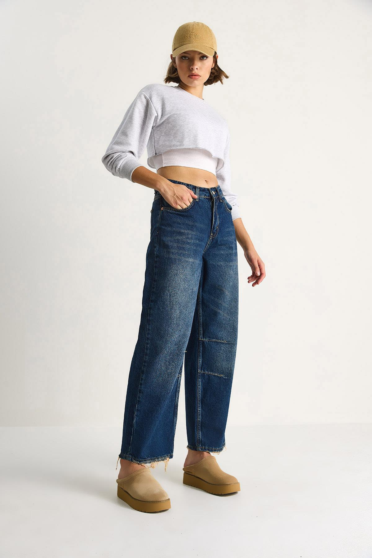 Kadın Baggy Fit Yüksek Bel Düz Paça Denim Pantolon 5287 60284108 - Lacivert PANTOLON modelleri