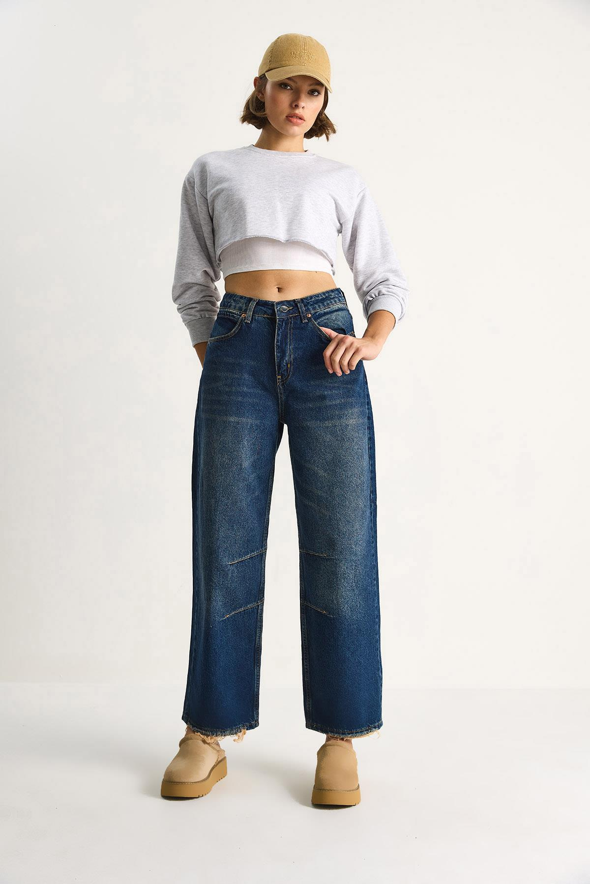 Kadın Baggy Fit Yüksek Bel Düz Paça Denim Pantolon 5287 60284108 - Lacivert PANTOLON modelleri