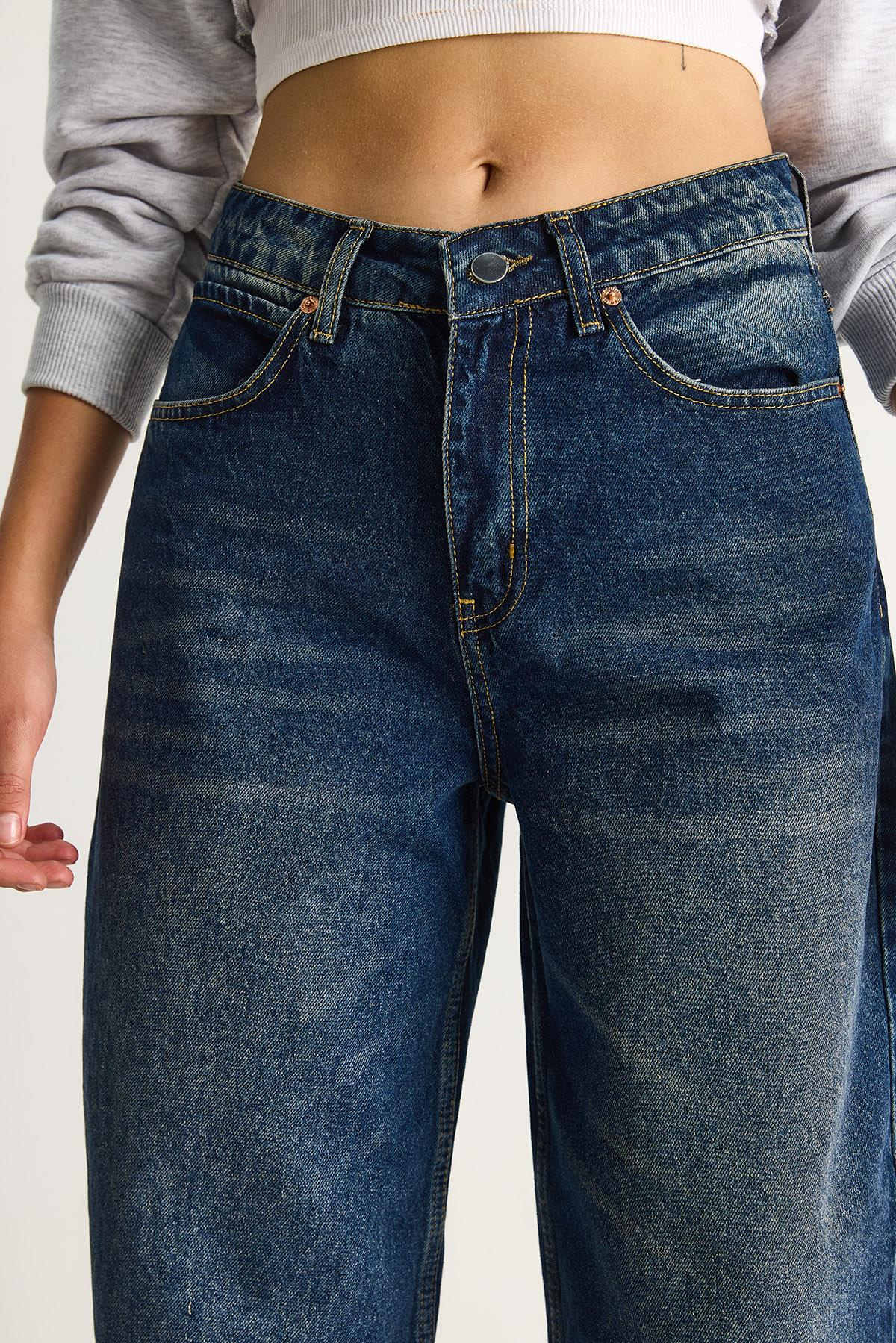 Kadın Baggy Fit Yüksek Bel Düz Paça Denim Pantolon 5287 60284108 - Lacivert PANTOLON modelleri