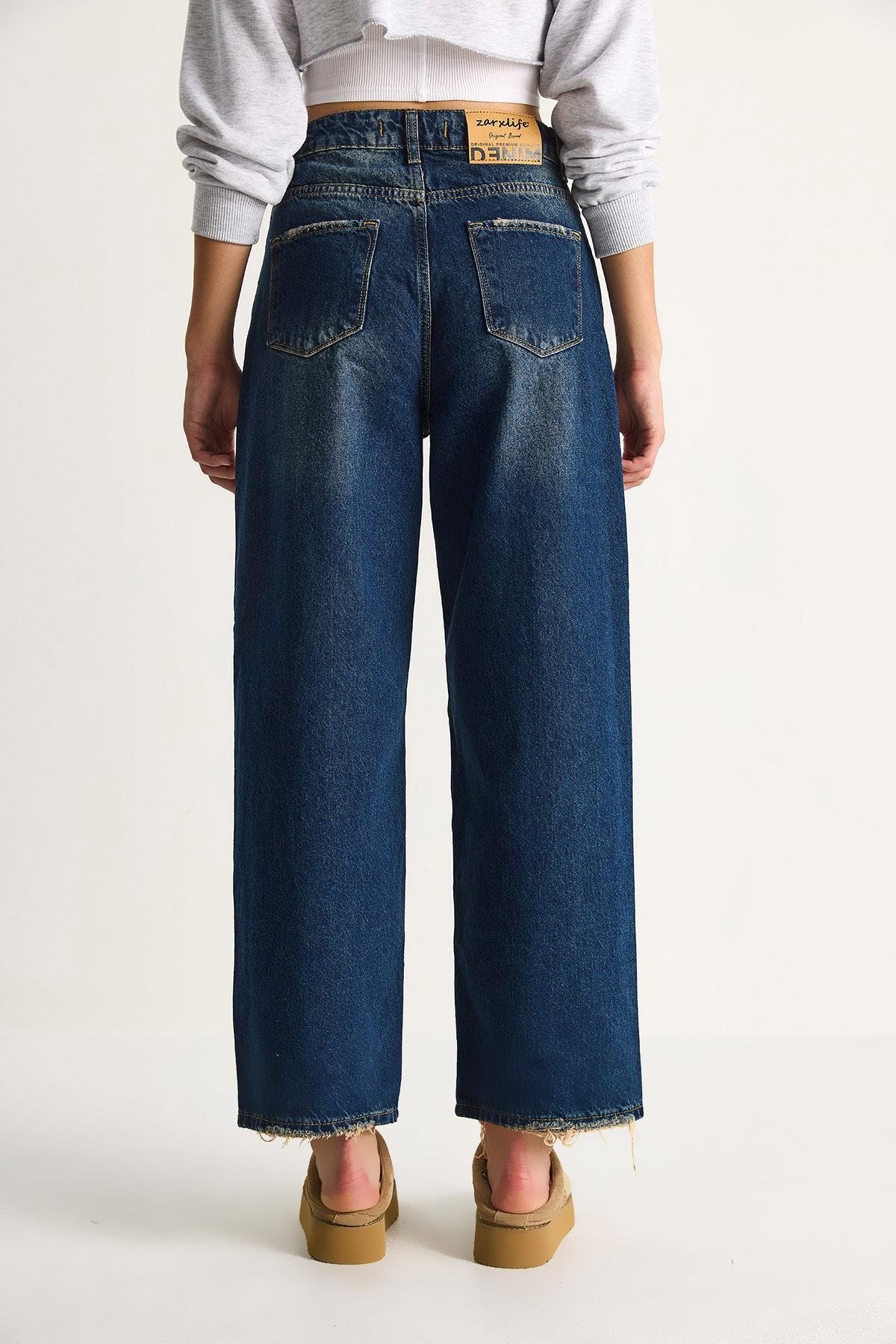 Kadın Baggy Fit Yüksek Bel Düz Paça Denim Pantolon 5287 60284108 - Lacivert PANTOLON modelleri