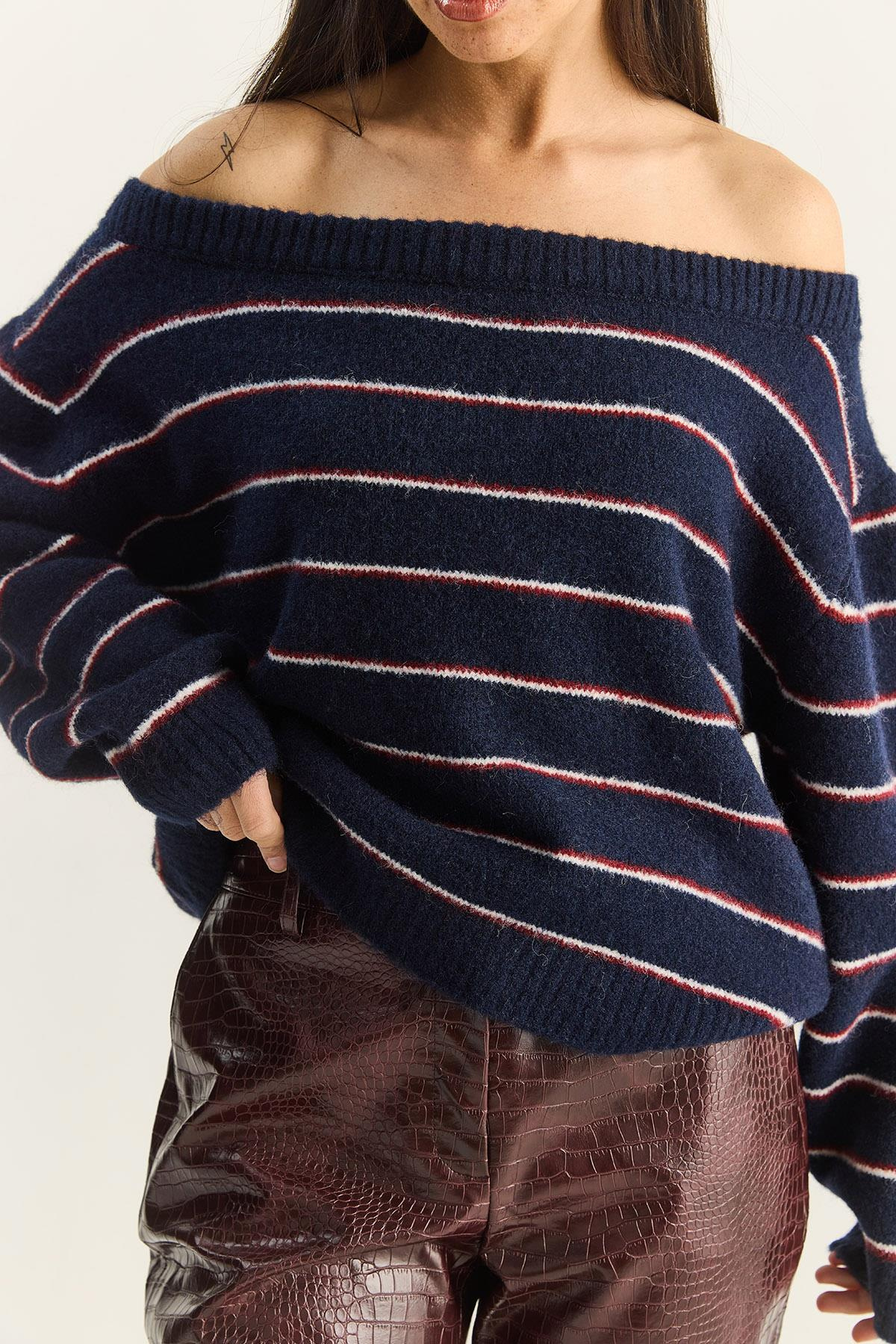 Kadın Bardot Yaka Çizgili Oversize Triko Kazak 2570 60283876 - Lacivert-Bordo KAZAK modelleri
