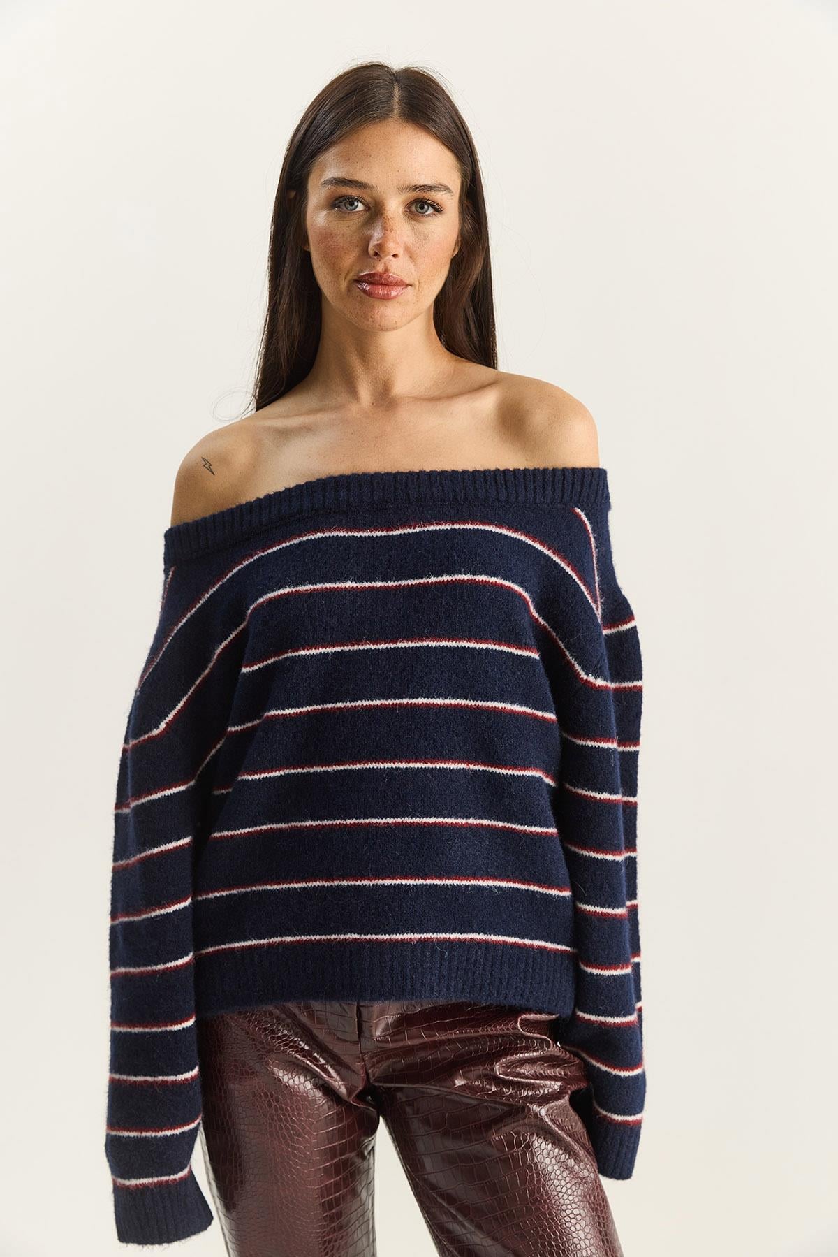 Kadın Bardot Yaka Çizgili Oversize Triko Kazak 2570 60283876 - Lacivert-Bordo KAZAK modelleri