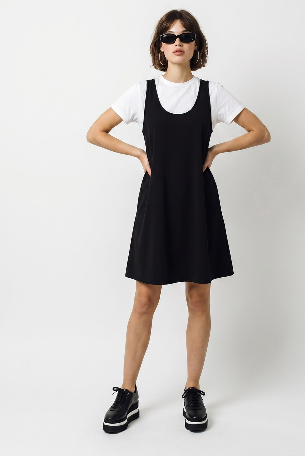 Kadın Basic T-Shirt Detaylı Askılı A Kesim Kısa Elbise 4153 60286368 - Siyah ELBİSE modelleri
