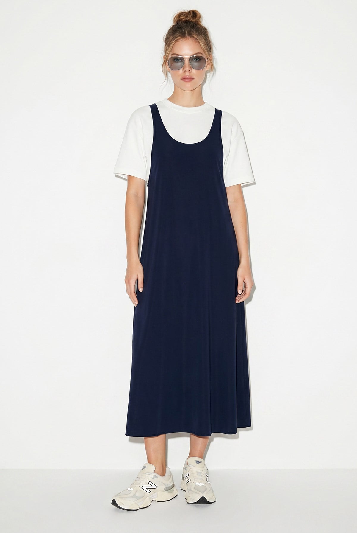 Kadın Basic T-Shirt Detaylı Askılı A Kesim Maxi Elbise 3598 60286360 - Lacivert ELBİSE modelleri