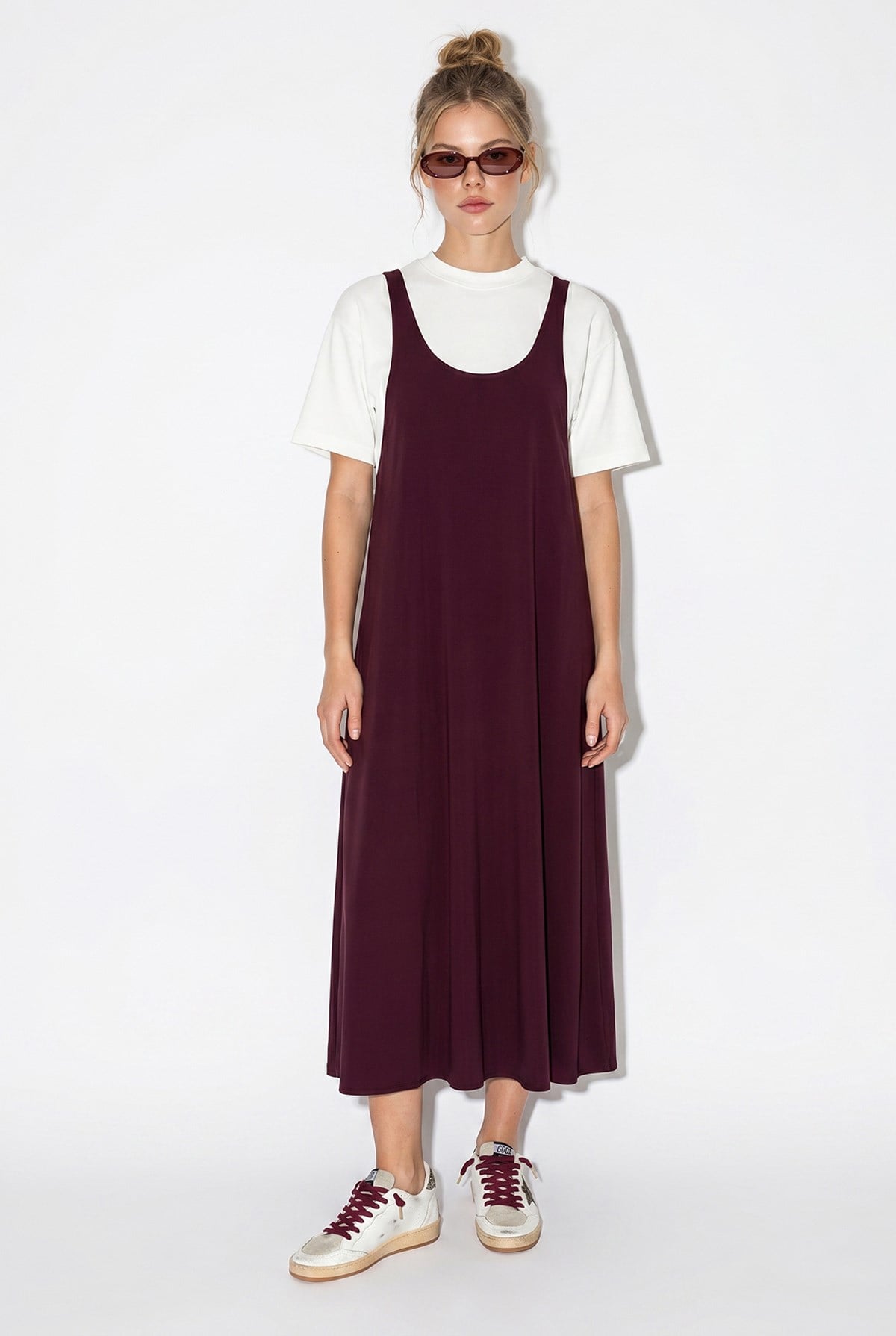 Kadın Basic T-Shirt Detaylı Askılı A Kesim Maxi Elbise 3598 60286360 - Mürdüm ELBİSE modelleri