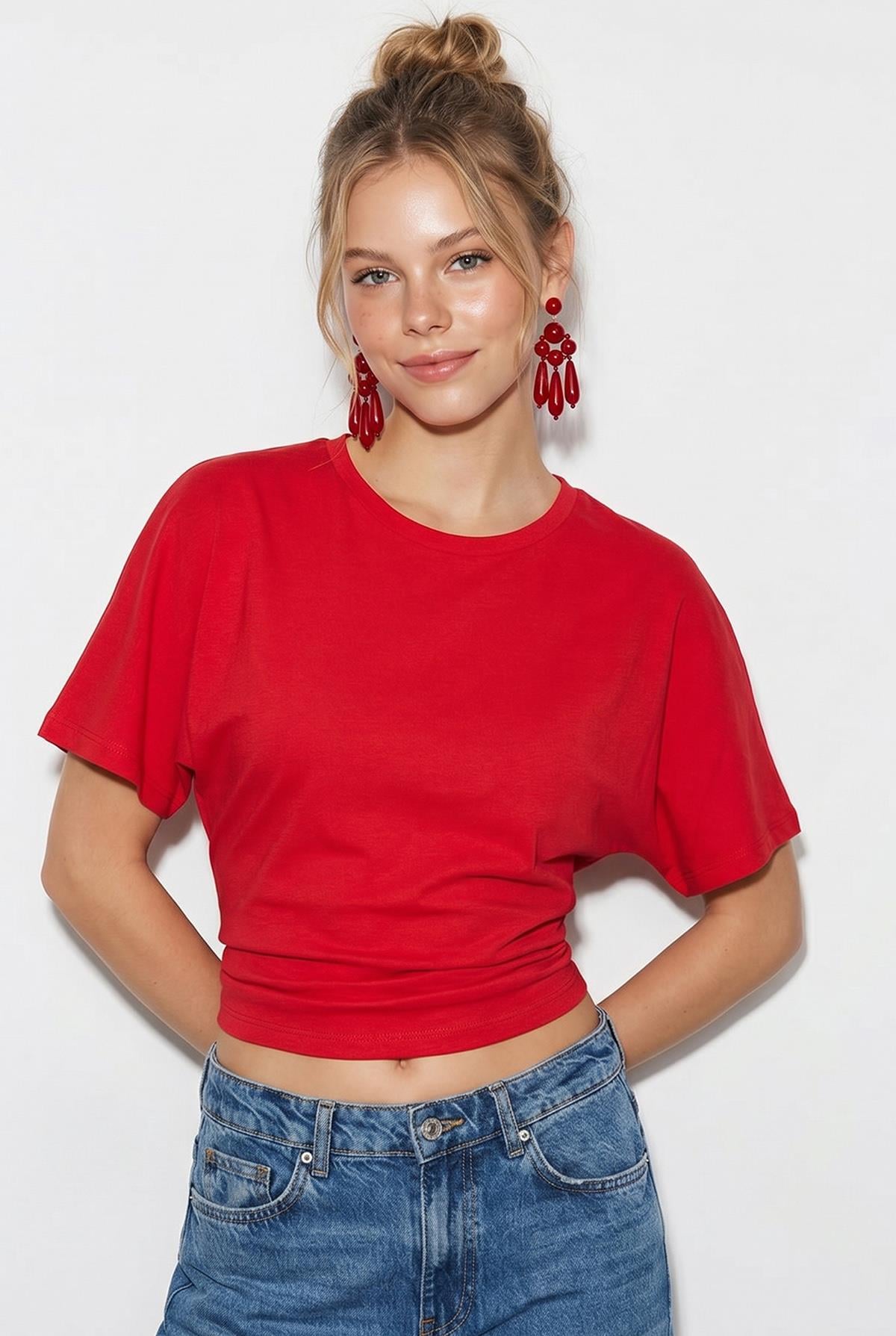 Kadın Beli Büzgülü Bisiklet Yaka T-Shirt ÖT261003 60283996 - Kırmızı T-SHİRT modelleri