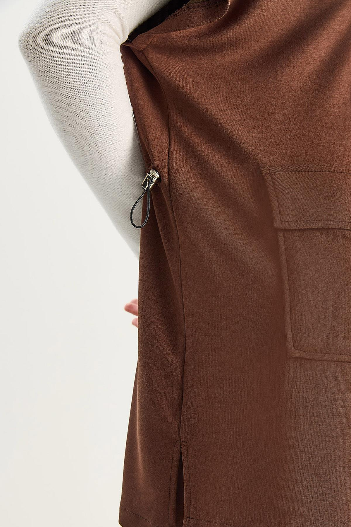 Kadın Beli Lastikli Büyük Cep Detaylı Yelek Bol Pantolon Alt-Üst Modal Takım 8607 60283733 - Kahverengi ALT - ÜST TAKIM modelleri