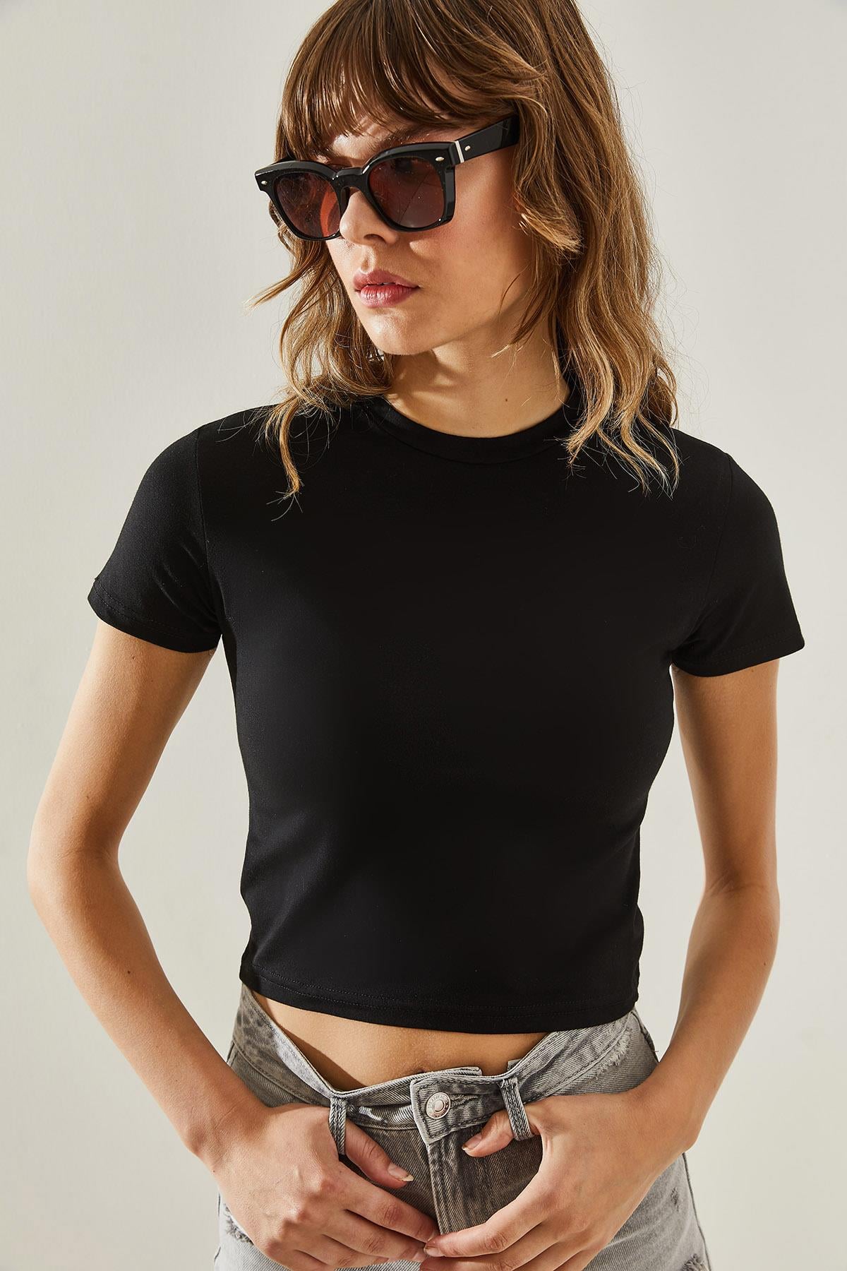 Kadın Bisiklet Yaka Basic Crop T-Shirt 60251338 - Siyah T-SHİRT modelleri
