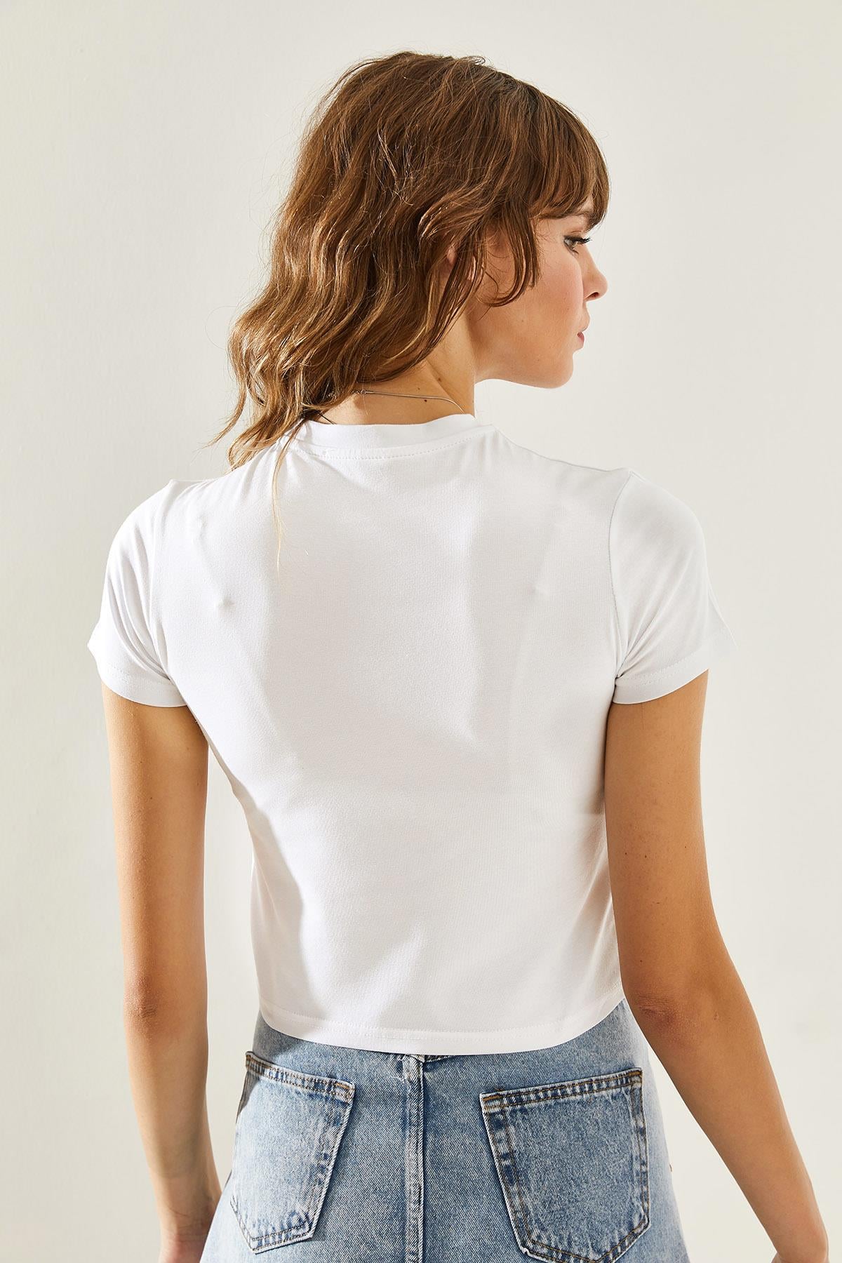 Kadın Bisiklet Yaka Basic Crop T-Shirt 60251338 - Beyaz T-SHİRT modelleri