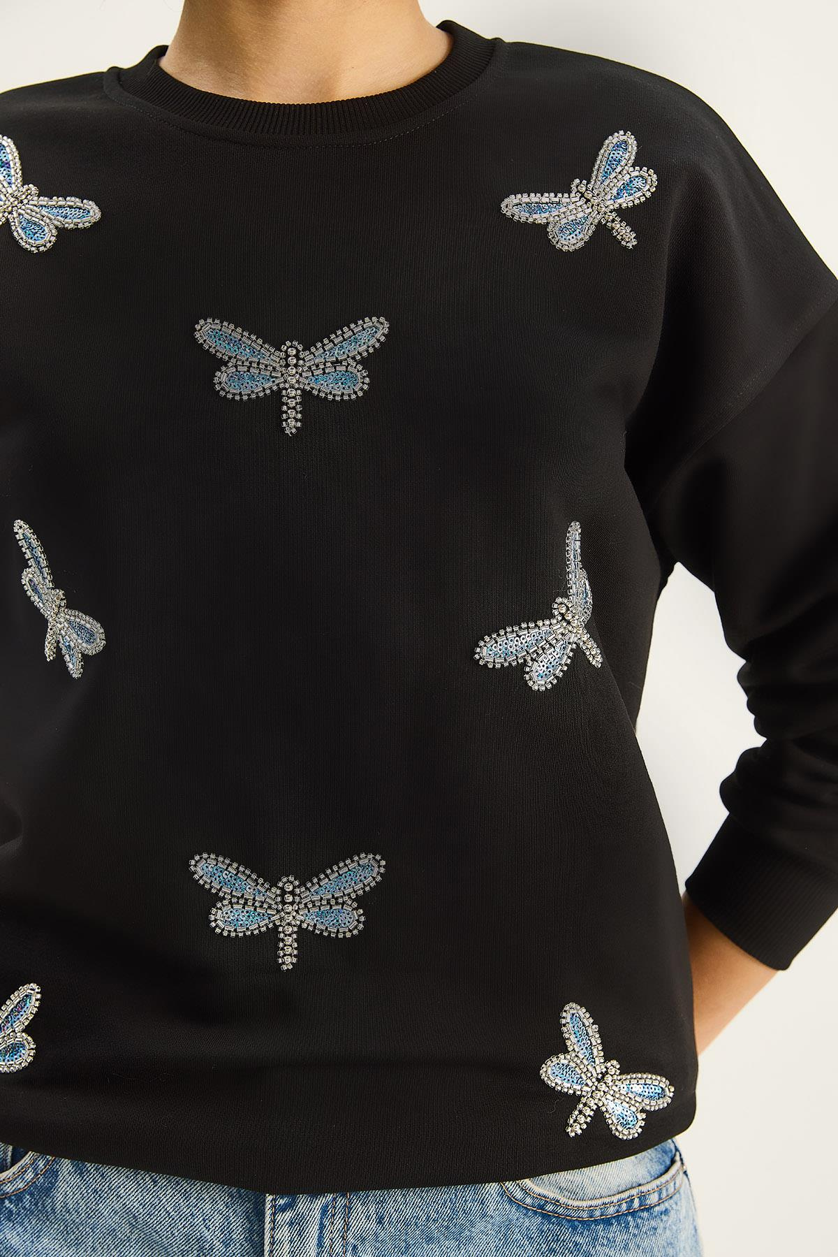 Kadın Bisiklet Yaka Kelebek Taş İşlemeli Relaxed Sweatshirt 1558 60283660 - Siyah SWEATSHİRT modelleri