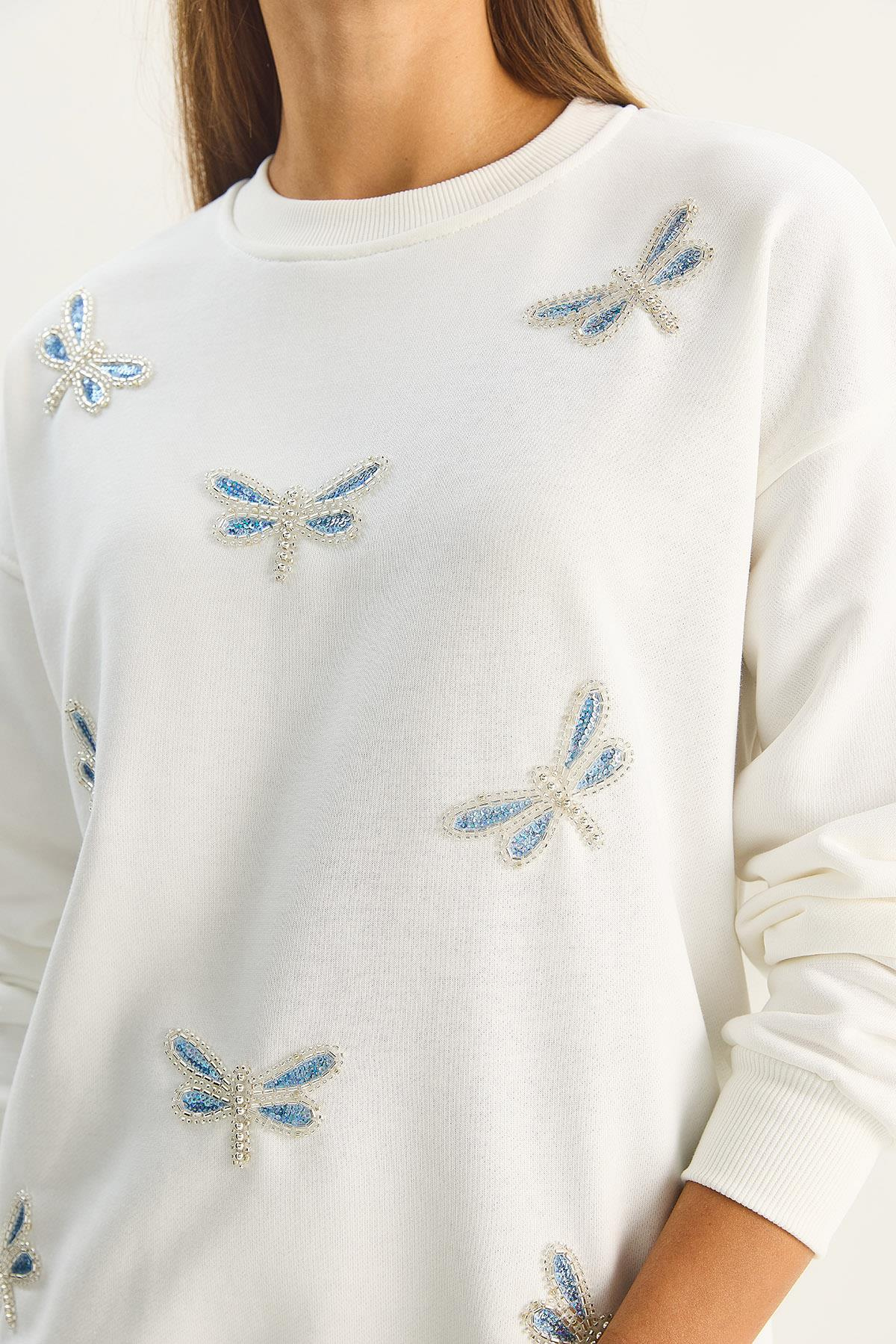 Kadın Bisiklet Yaka Kelebek Taş İşlemeli Relaxed Sweatshirt 1558 60283660 - Beyaz SWEATSHİRT modelleri