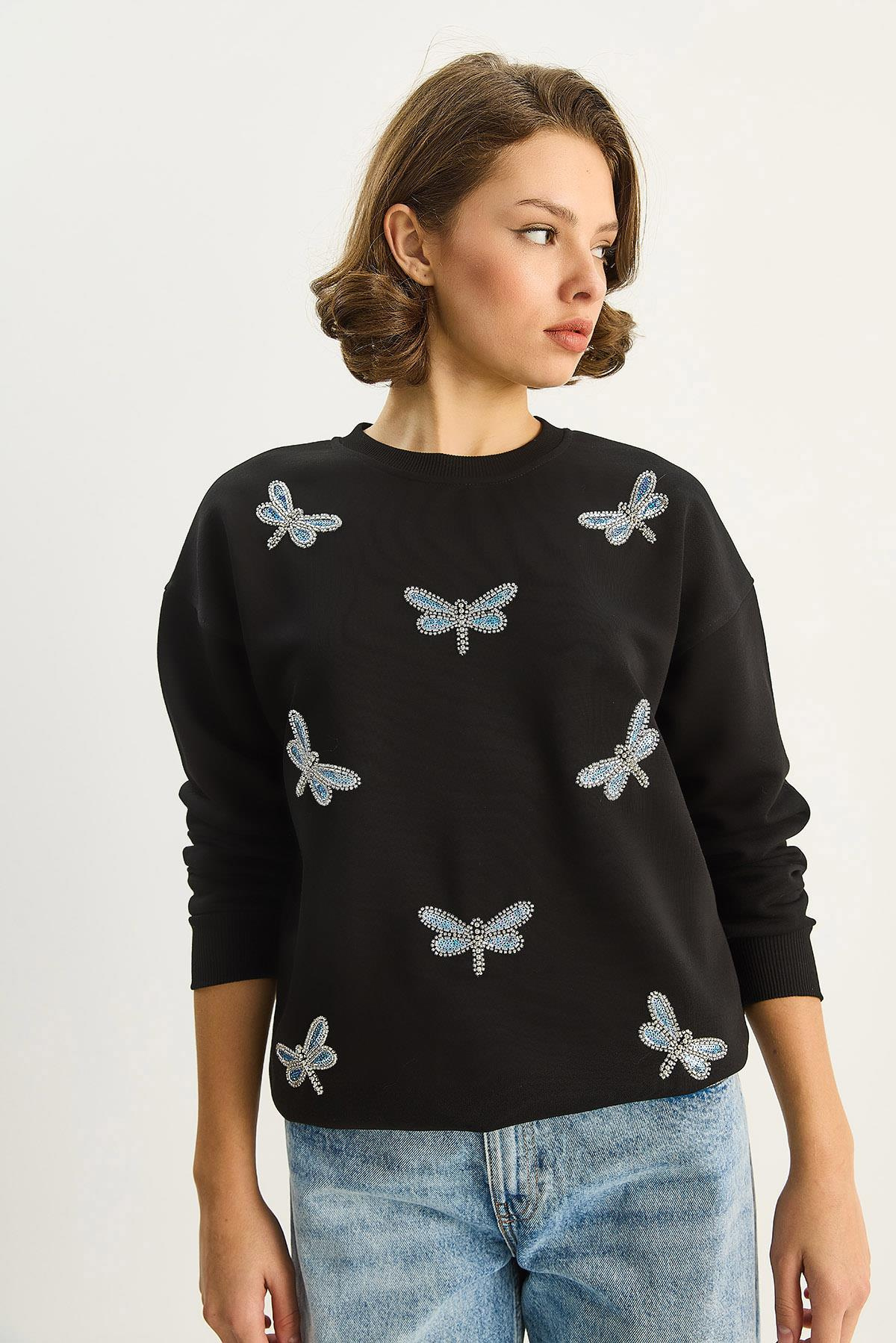 Kadın Bisiklet Yaka Kelebek Taş İşlemeli Relaxed Sweatshirt 1558 60283660 - Siyah SWEATSHİRT modelleri