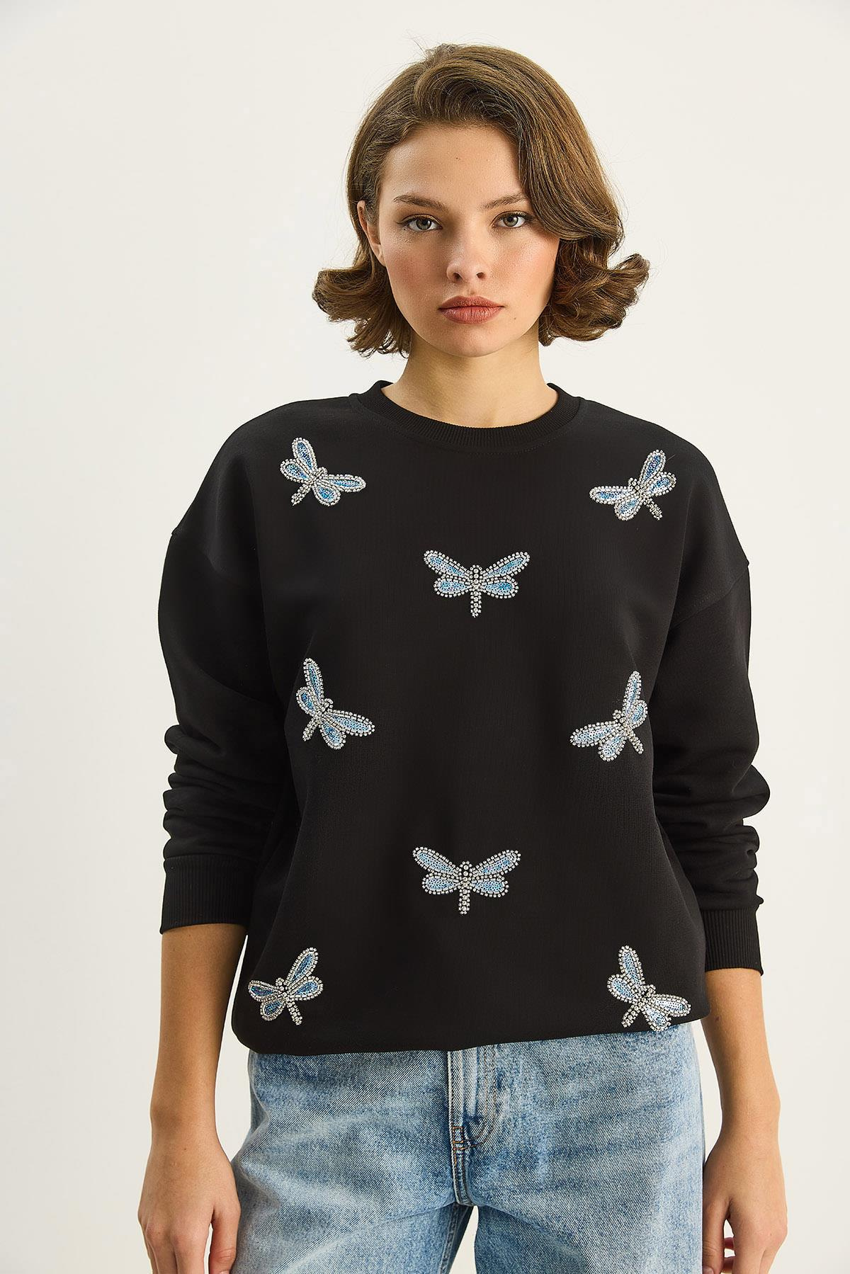 Kadın Bisiklet Yaka Kelebek Taş İşlemeli Relaxed Sweatshirt 1558 60283660 - Siyah SWEATSHİRT modelleri