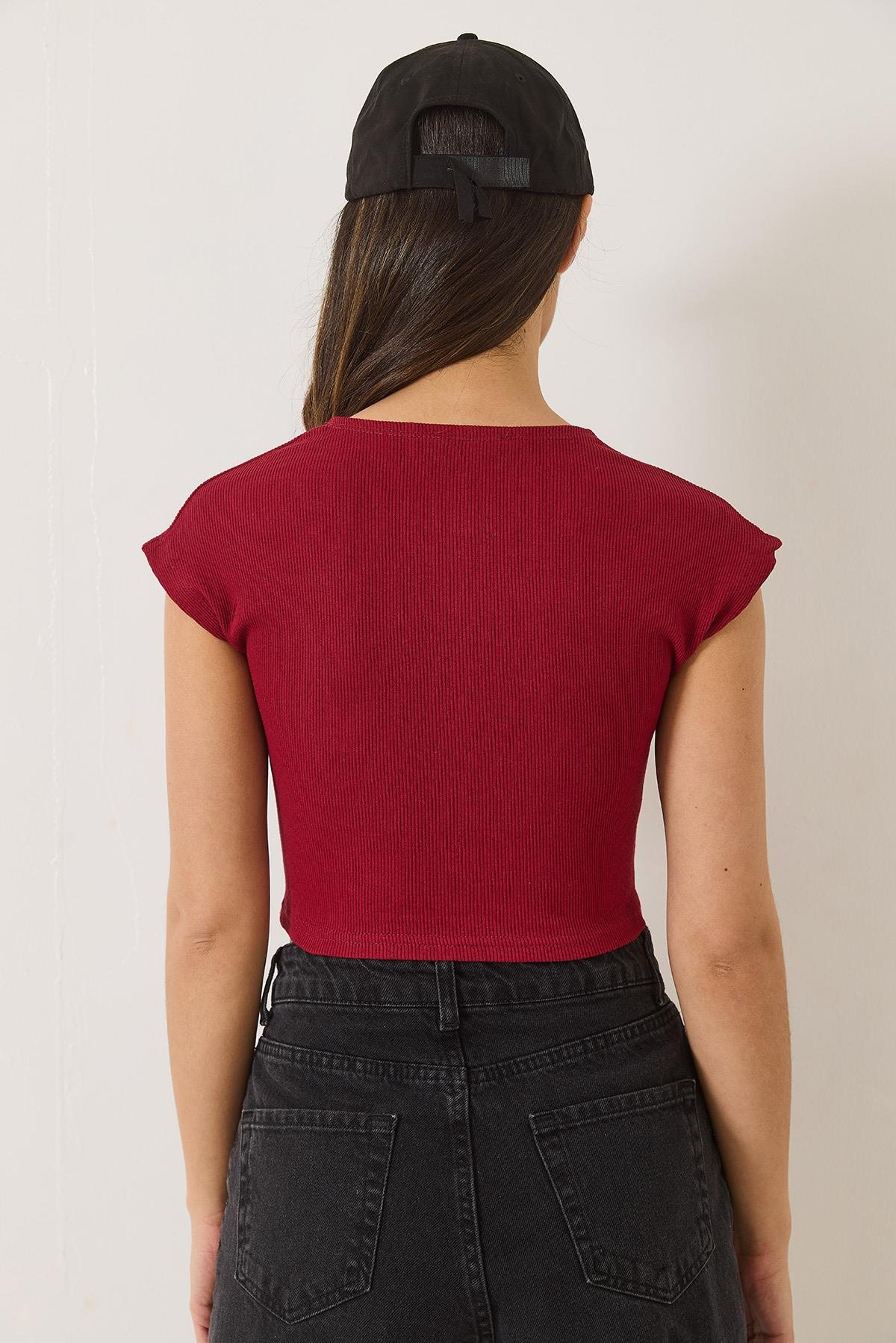 Kadın Bisiklet Yaka Kısa Kollu Basic Kaşkorse Crop Top T-Shirt 60602044 - Bordo