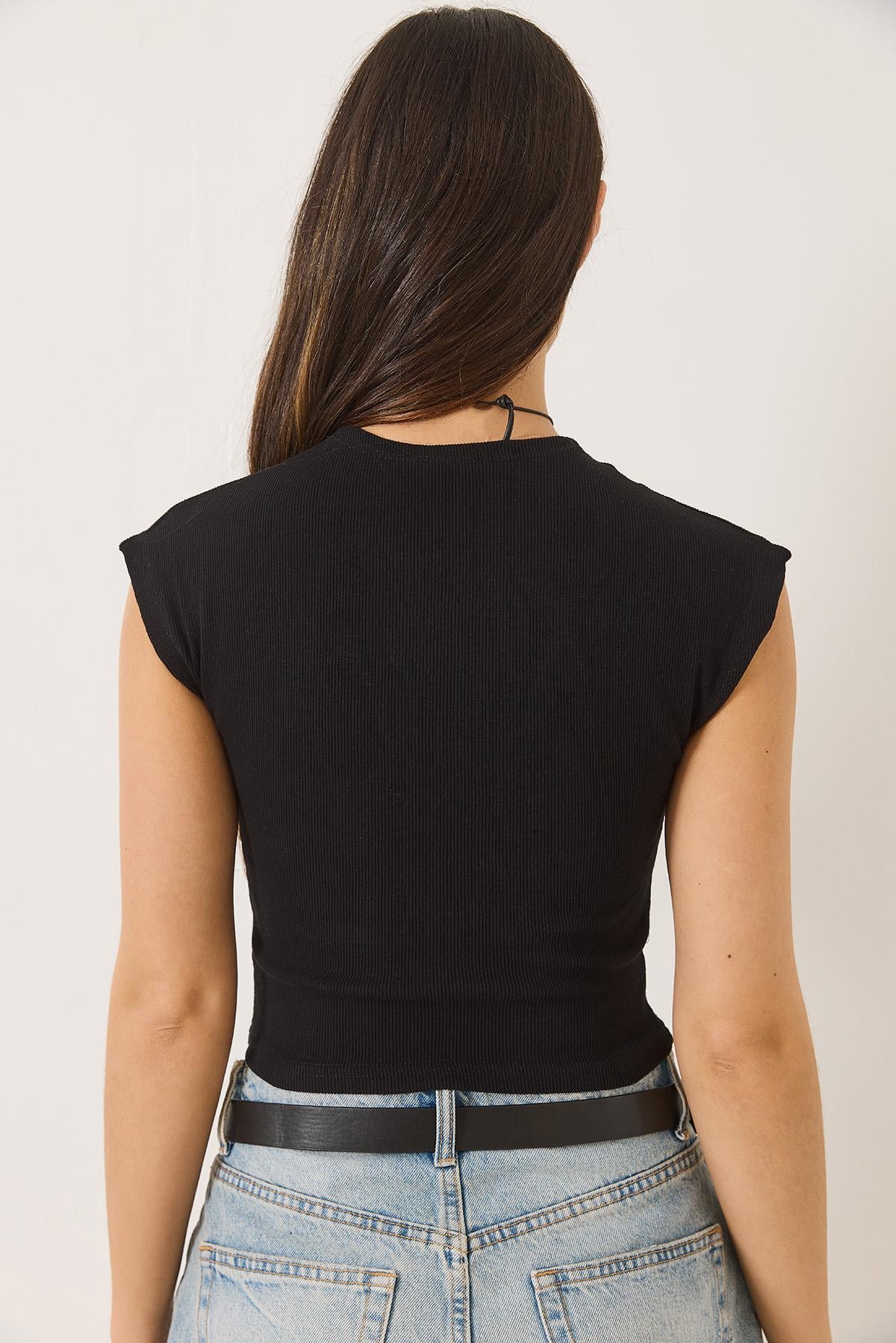 Kadın Bisiklet Yaka Kısa Kollu Basic Kaşkorse İkili Crop Top T-Shirt 60602052 - Siyah-Beyaz