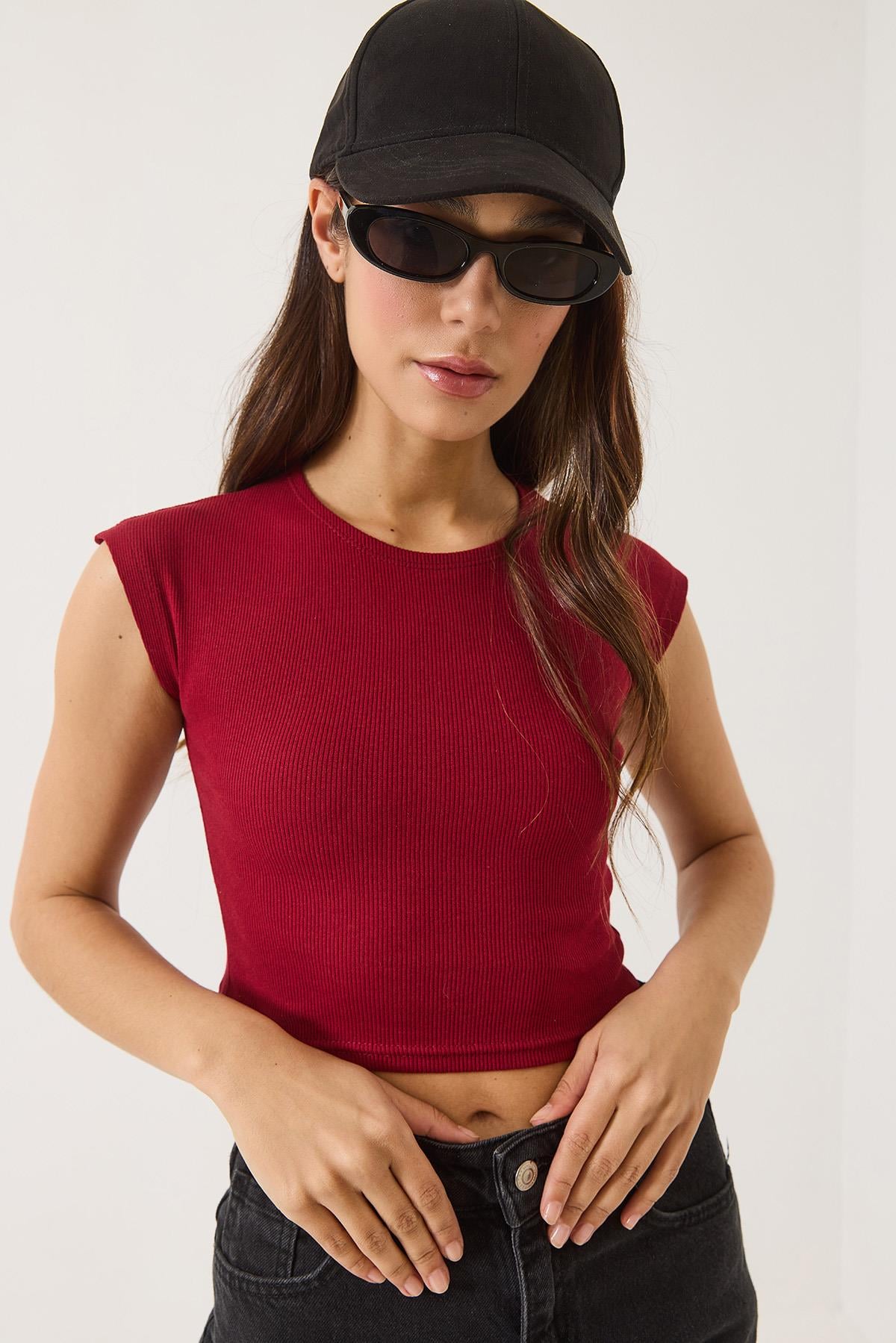 Kadın Bisiklet Yaka Kısa Kollu Basic Kaşkorse Crop Top T-Shirt 60602044 - Bordo