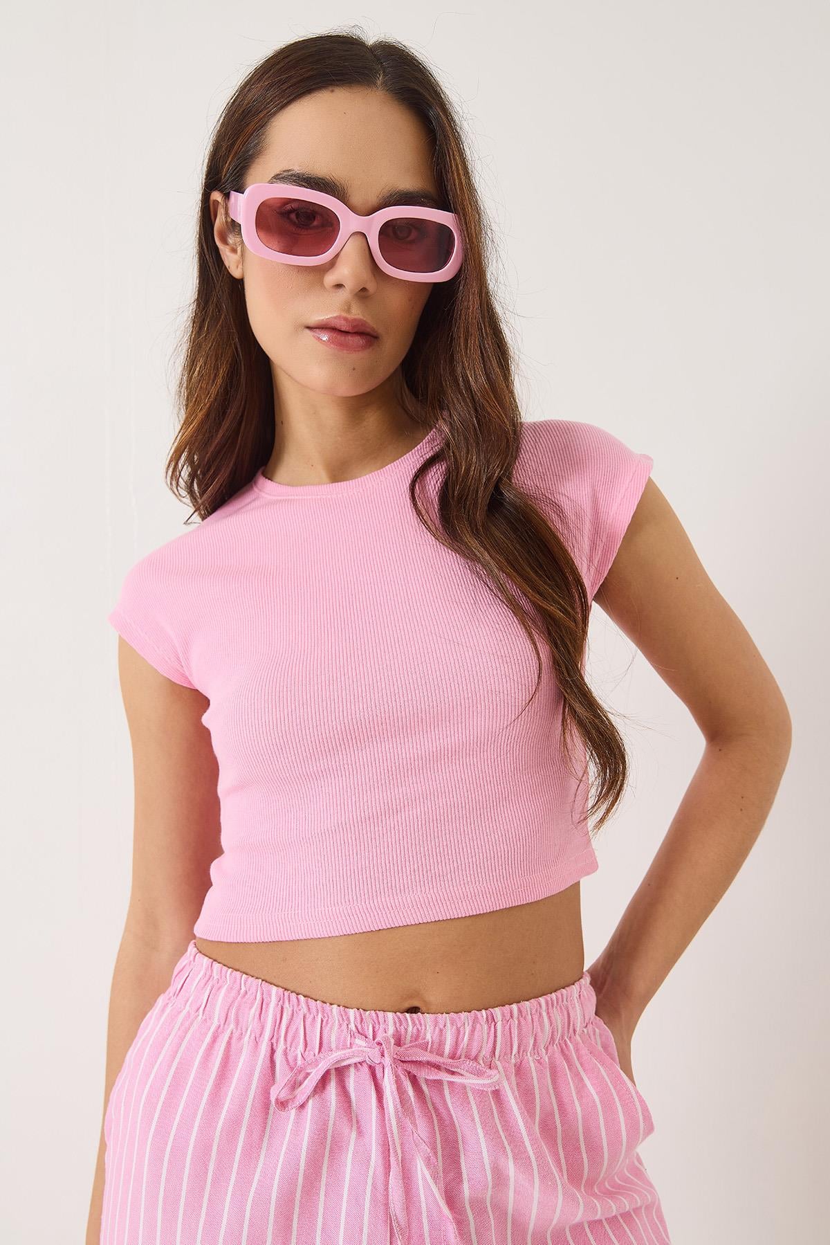 Kadın Bisiklet Yaka Kısa Kollu Basic Kaşkorse Crop Top T-Shirt 60602044 - Pembe