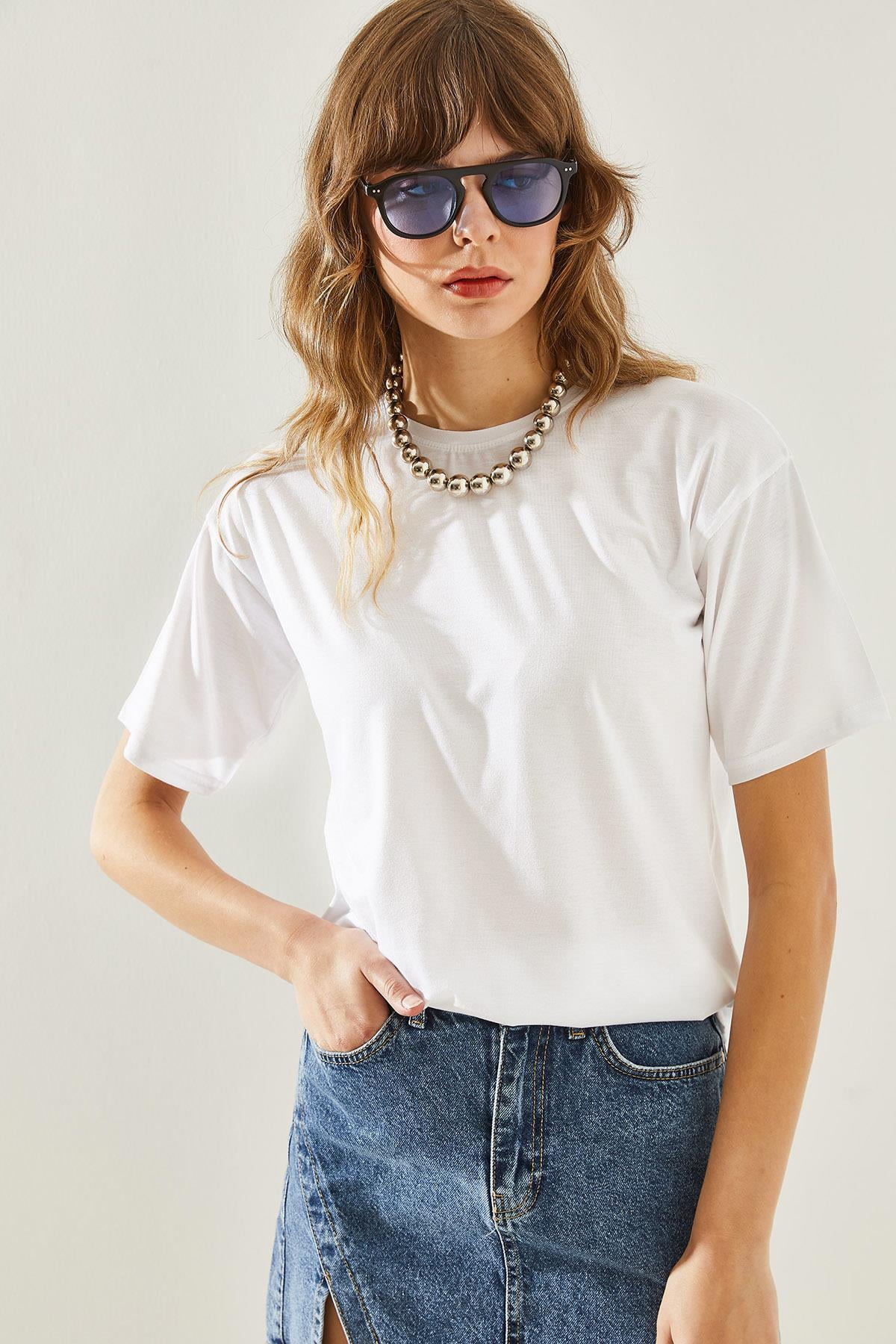 Kadın Bisiklet Yaka Kısa Kollu Basic T-Shirt 60251202 - Beyaz T-SHİRT modelleri