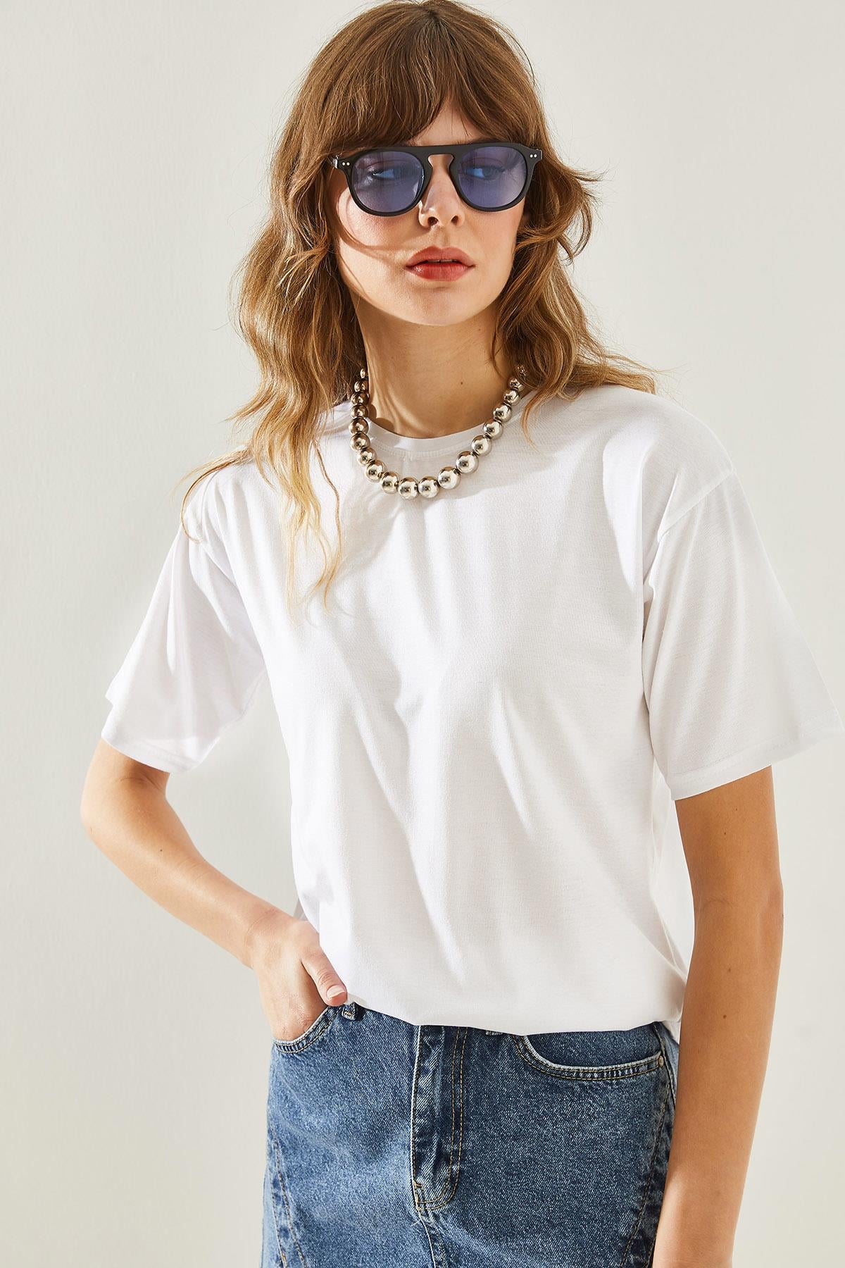 Kadın Bisiklet Yaka Kısa Kollu Basic T-Shirt 60251202 - Beyaz T-SHİRT modelleri