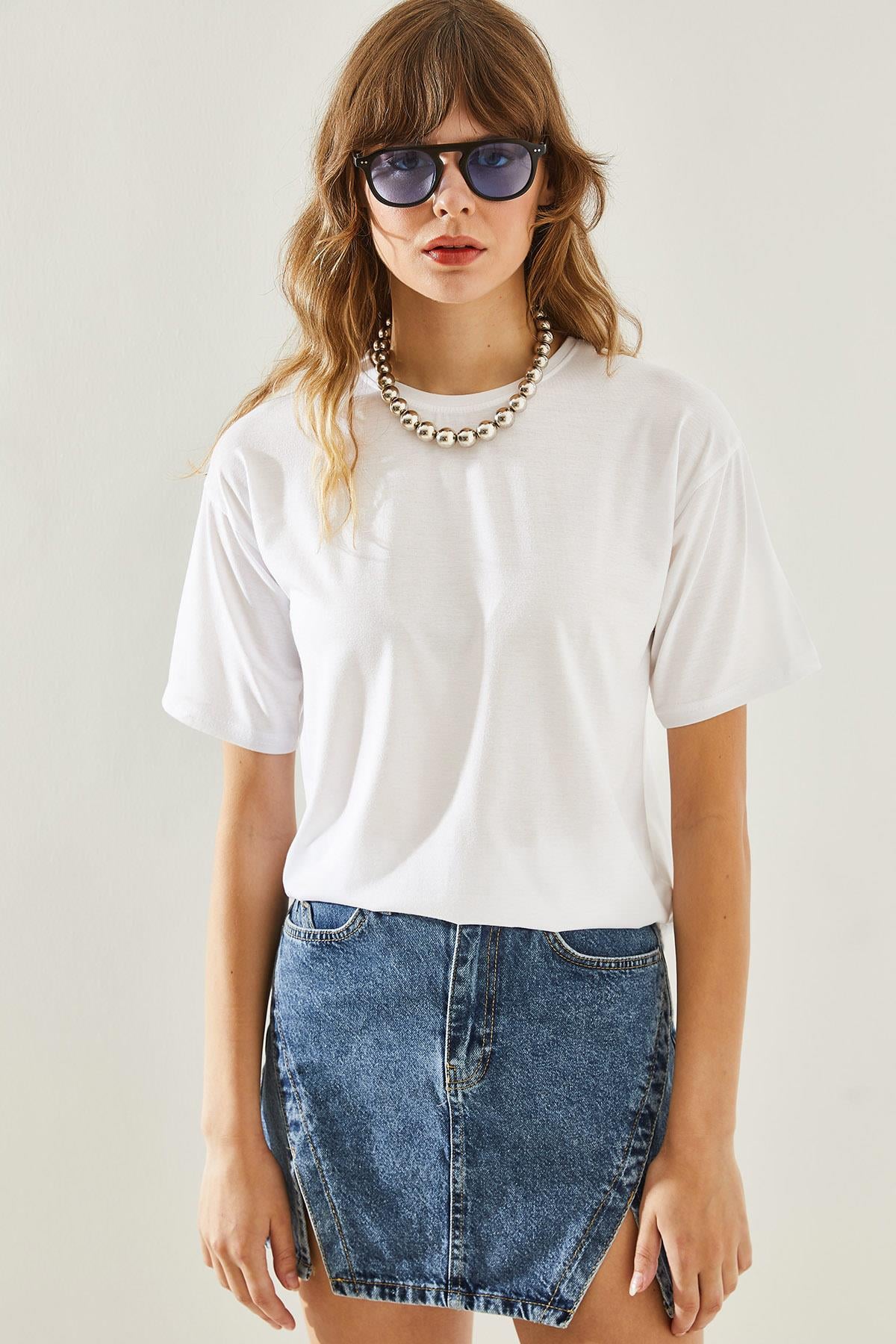 Kadın Bisiklet Yaka Kısa Kollu Basic T-Shirt 60251202 - Beyaz T-SHİRT modelleri