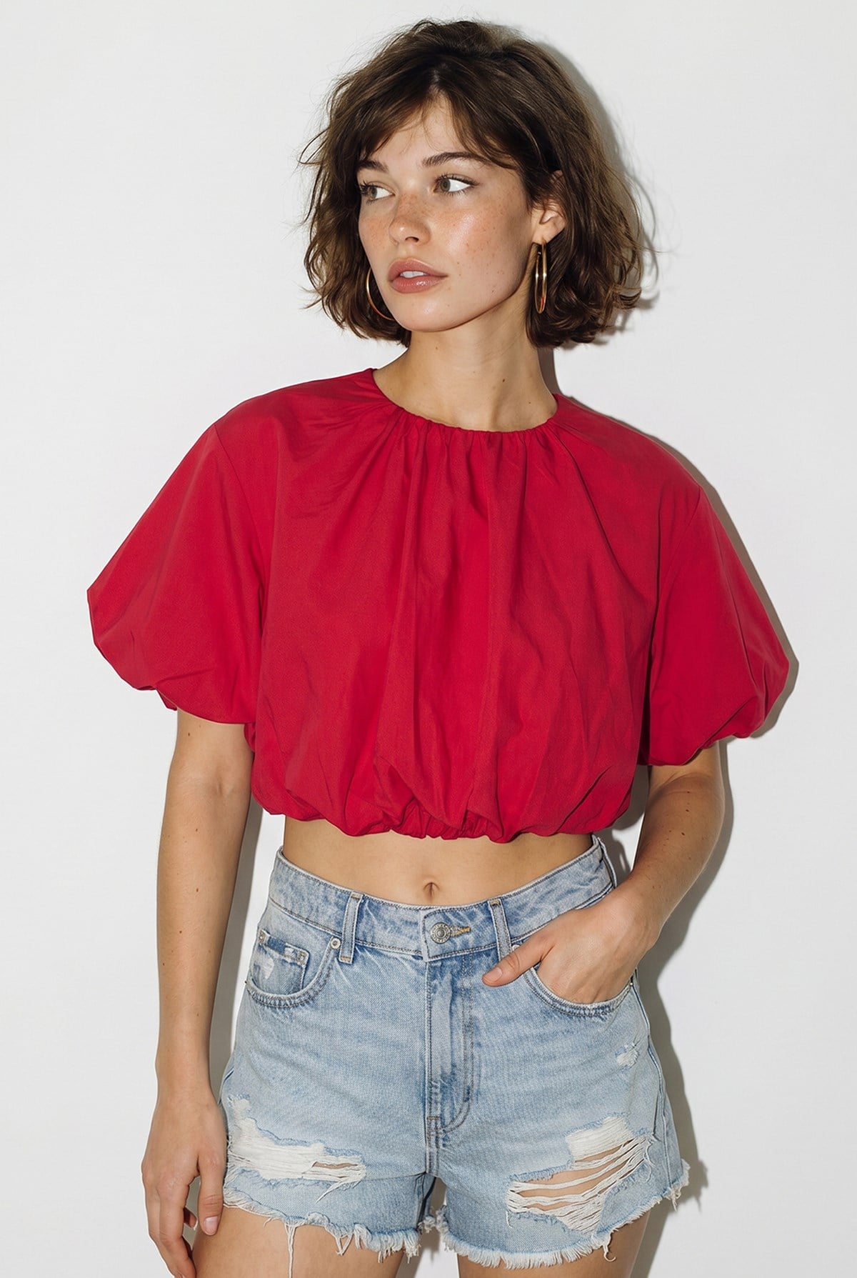 Kadın Bisiklet Yaka Poplin Balon Bluz DB261004 60286231 - Kırmızı BLUZ modelleri