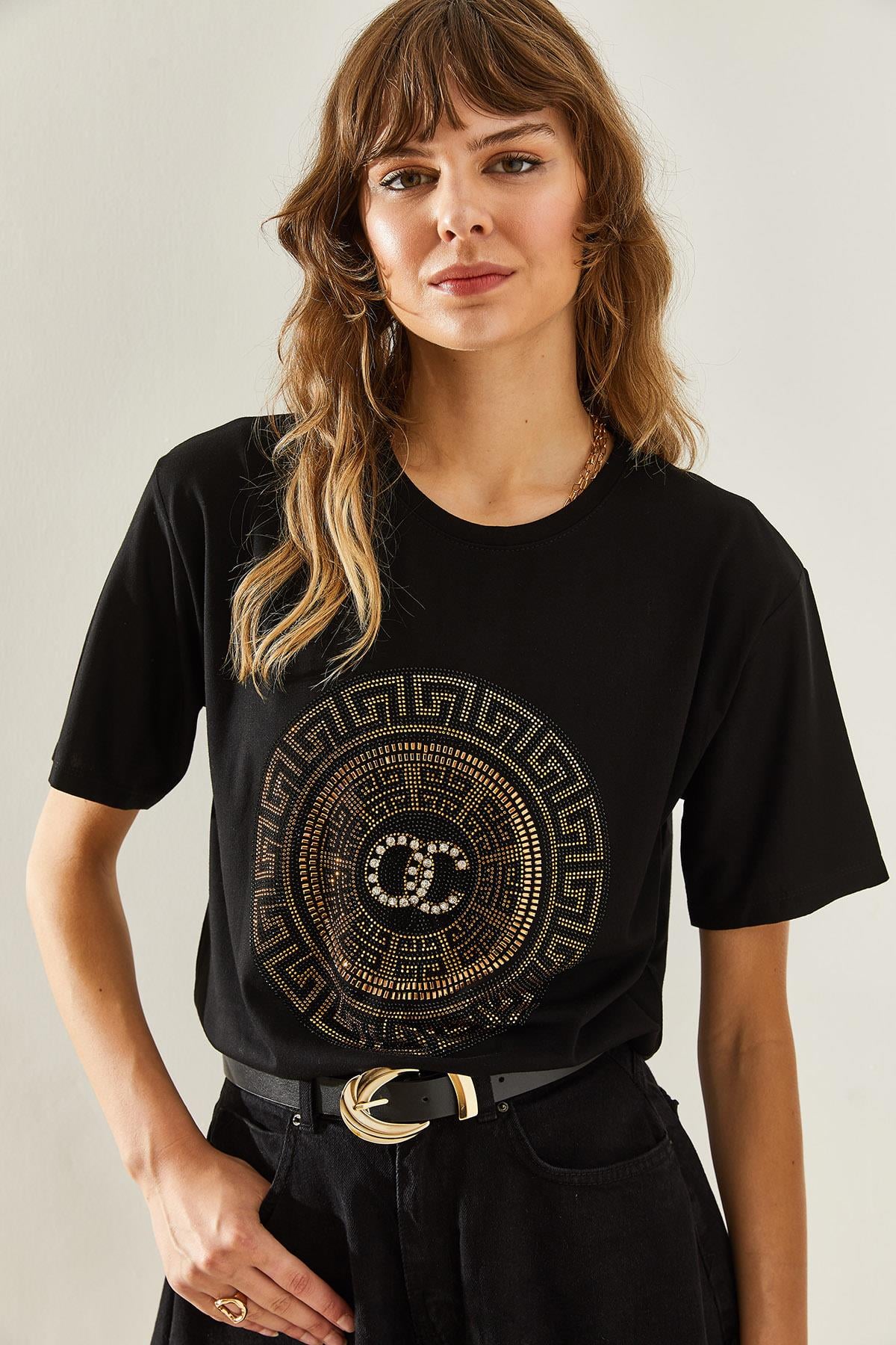 Kadın Bisiklet Yaka Taş Detaylı Basic Penye T-Shirt 60251238 - Siyah T-SHİRT modelleri