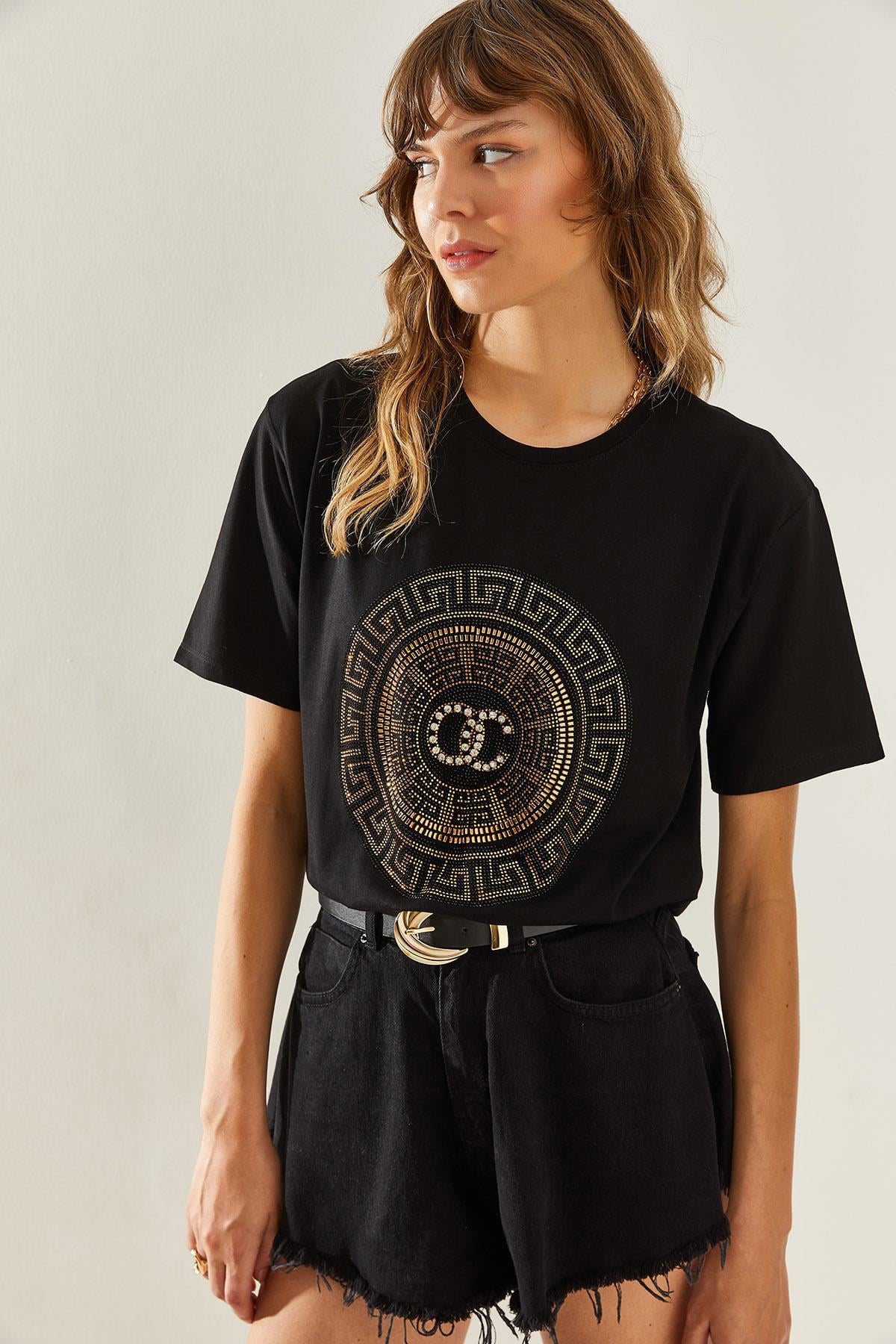 Kadın Bisiklet Yaka Taş Detaylı Basic Penye T-Shirt 60251238 - Siyah T-SHİRT modelleri