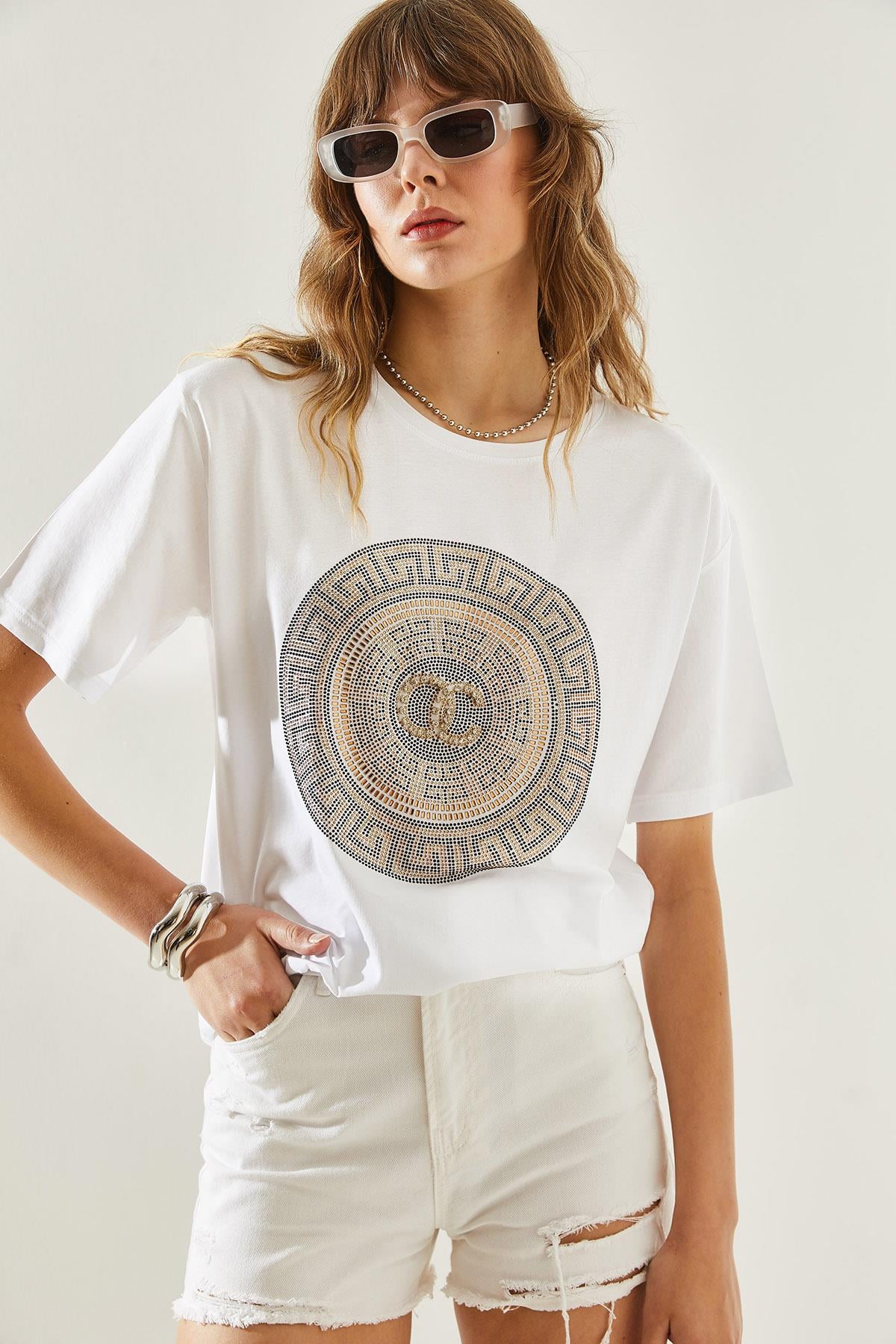 Kadın Bisiklet Yaka Taş Detaylı Basic Penye T-Shirt 60251238 - Beyaz T-SHİRT modelleri