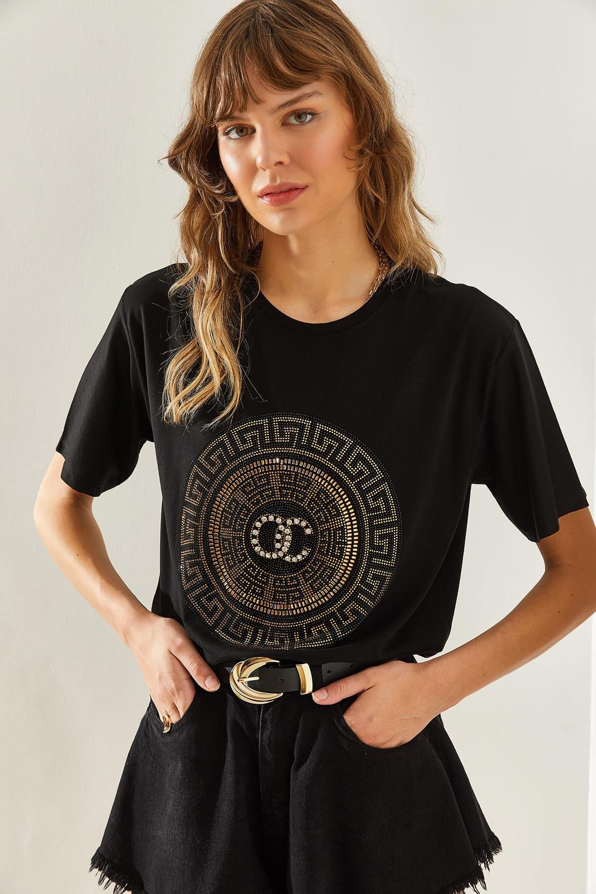 Kadın Bisiklet Yaka Taş Detaylı Basic Penye T-Shirt 60251238 - Siyah T-SHİRT modelleri