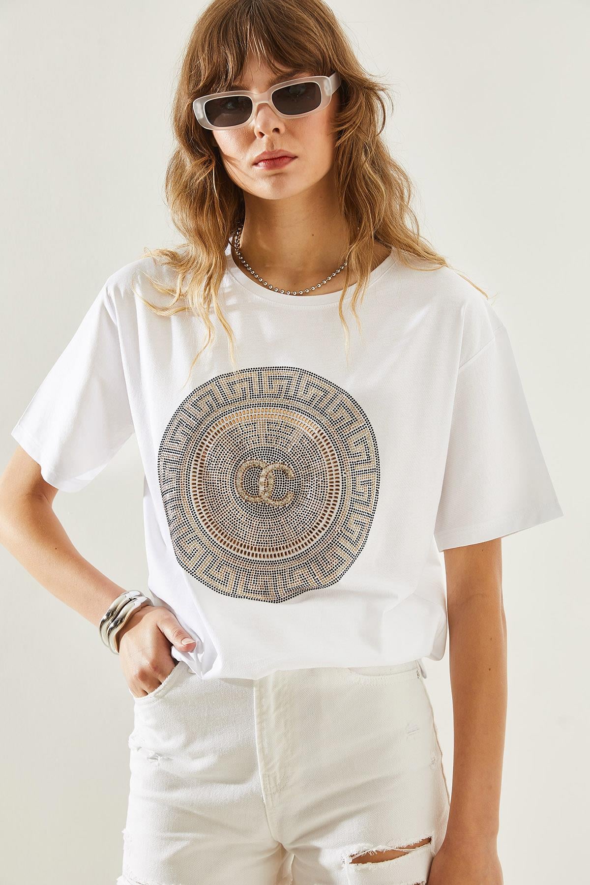 Kadın Bisiklet Yaka Taş Detaylı Basic Penye T-Shirt 60251238 - Beyaz T-SHİRT modelleri