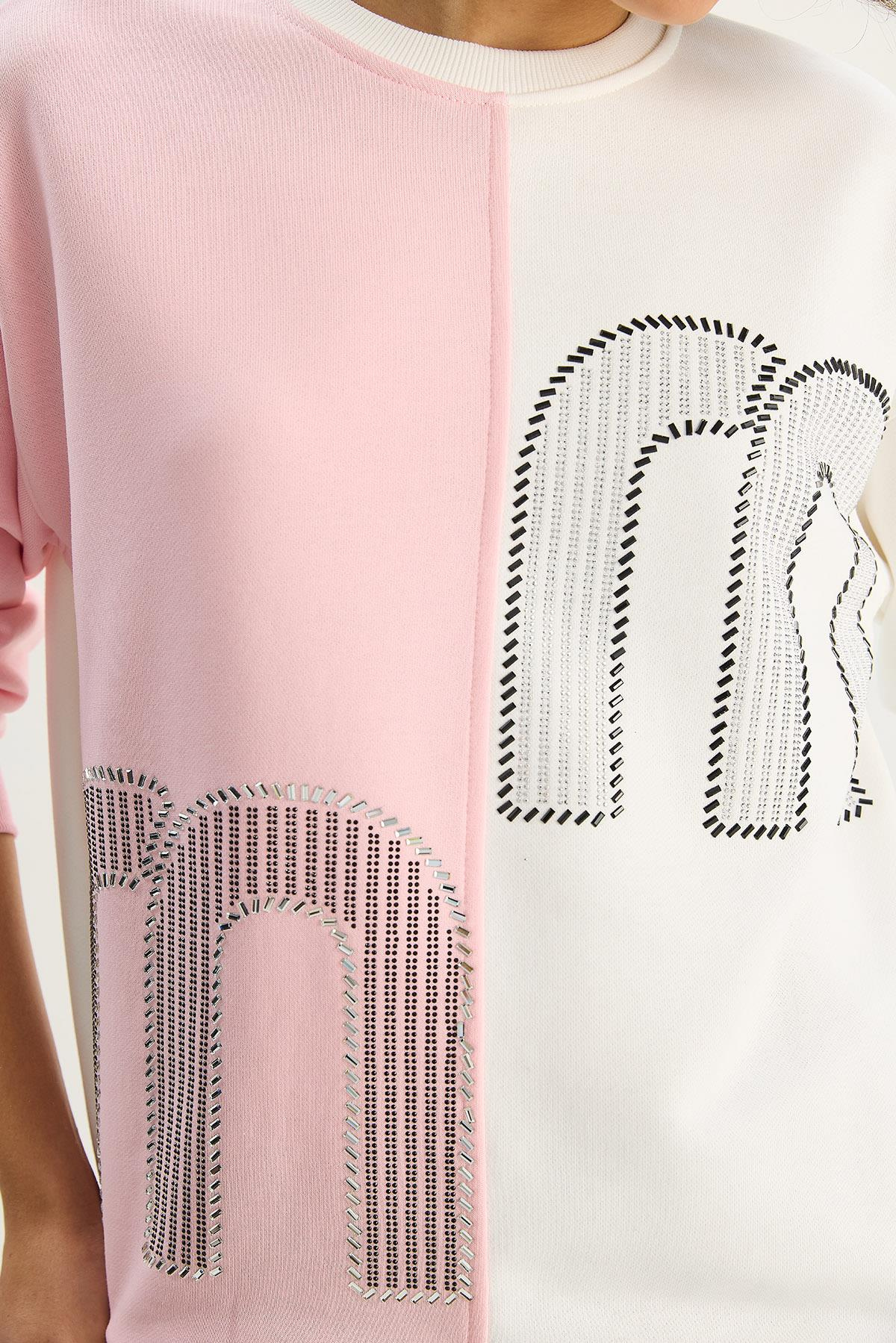 Kadın Bisiklet Yaka Taş İşlemeli Renk Bloklu Oversize Sweatshirt 1453 60283634 - Ekru-Pembe SWEATSHİRT modelleri
