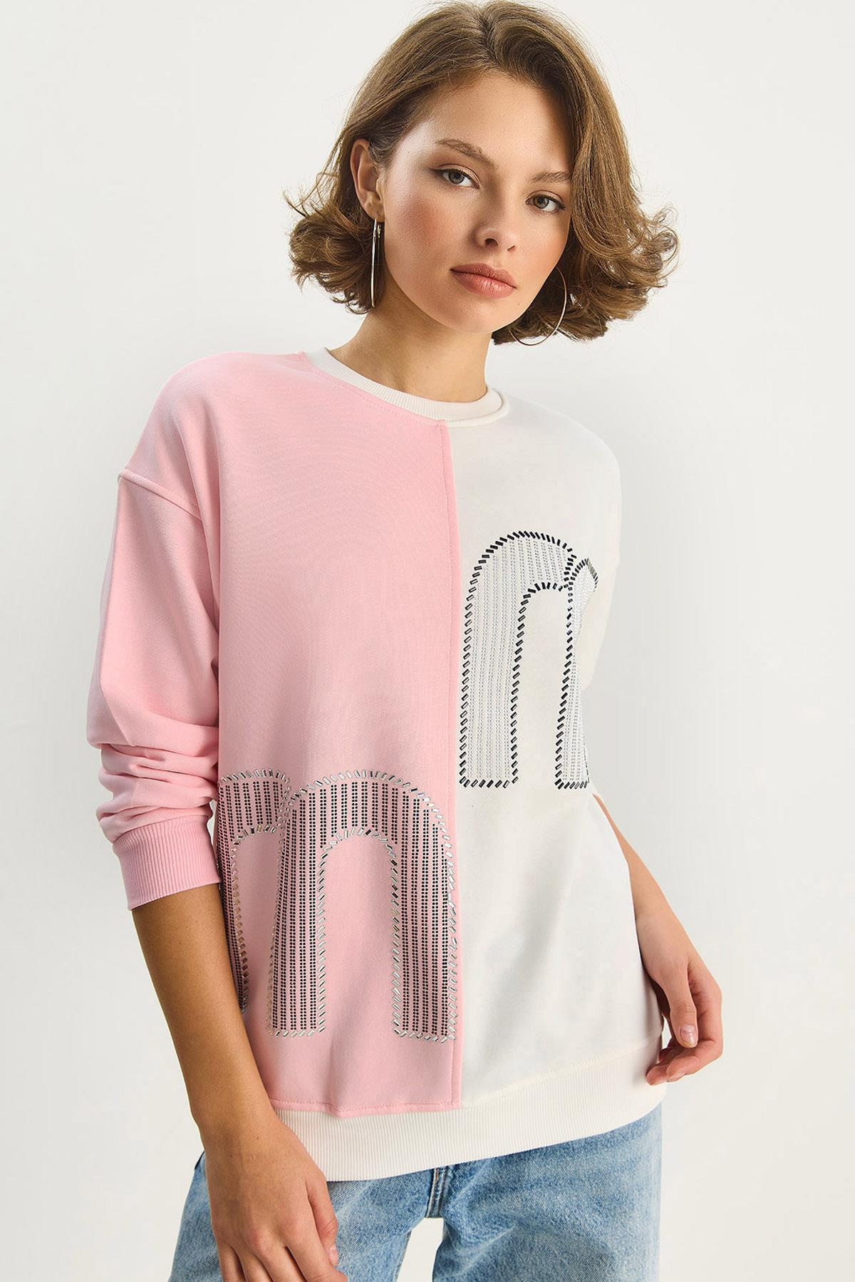 Kadın Bisiklet Yaka Taş İşlemeli Renk Bloklu Oversize Sweatshirt 1453 60283634 - Ekru-Pembe SWEATSHİRT modelleri