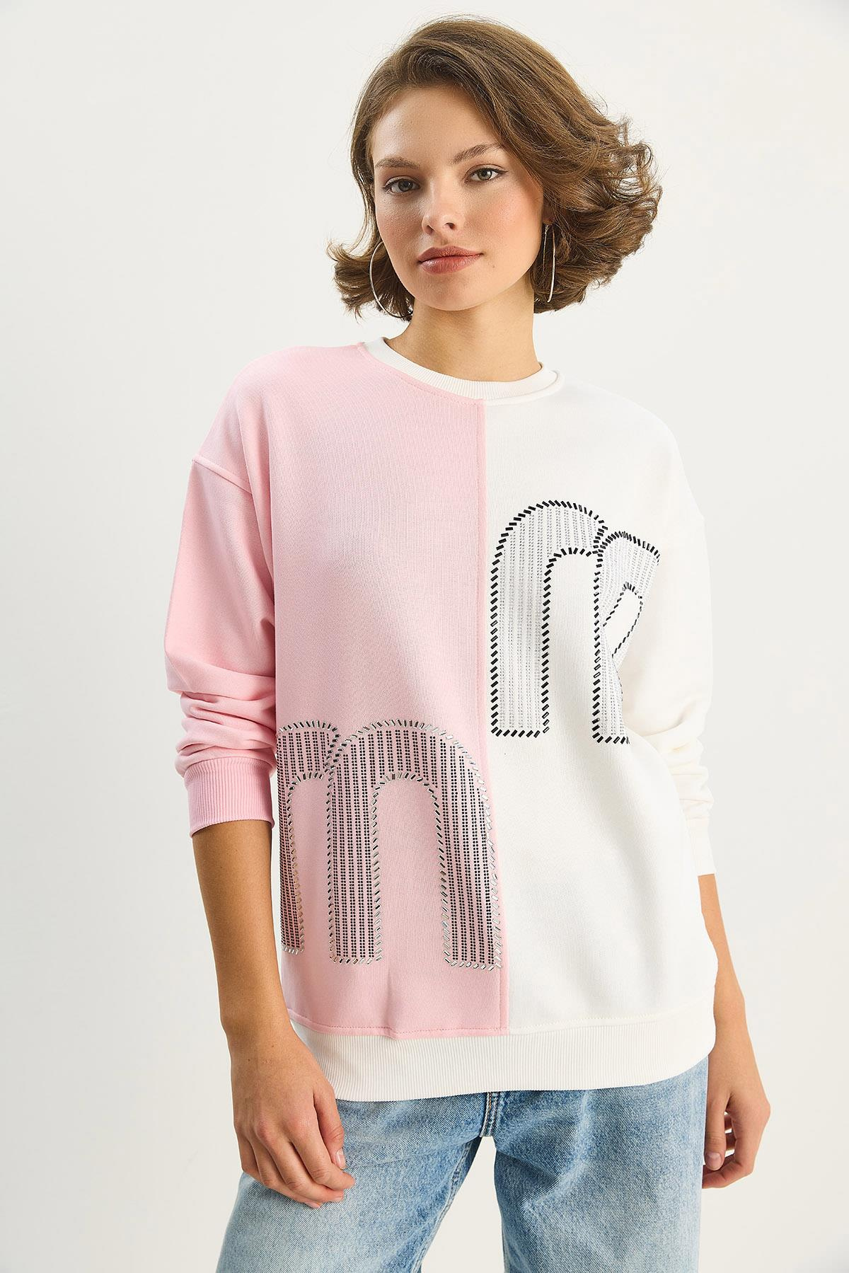 Kadın Bisiklet Yaka Taş İşlemeli Renk Bloklu Oversize Sweatshirt 1453 60283634 - Ekru-Pembe SWEATSHİRT modelleri