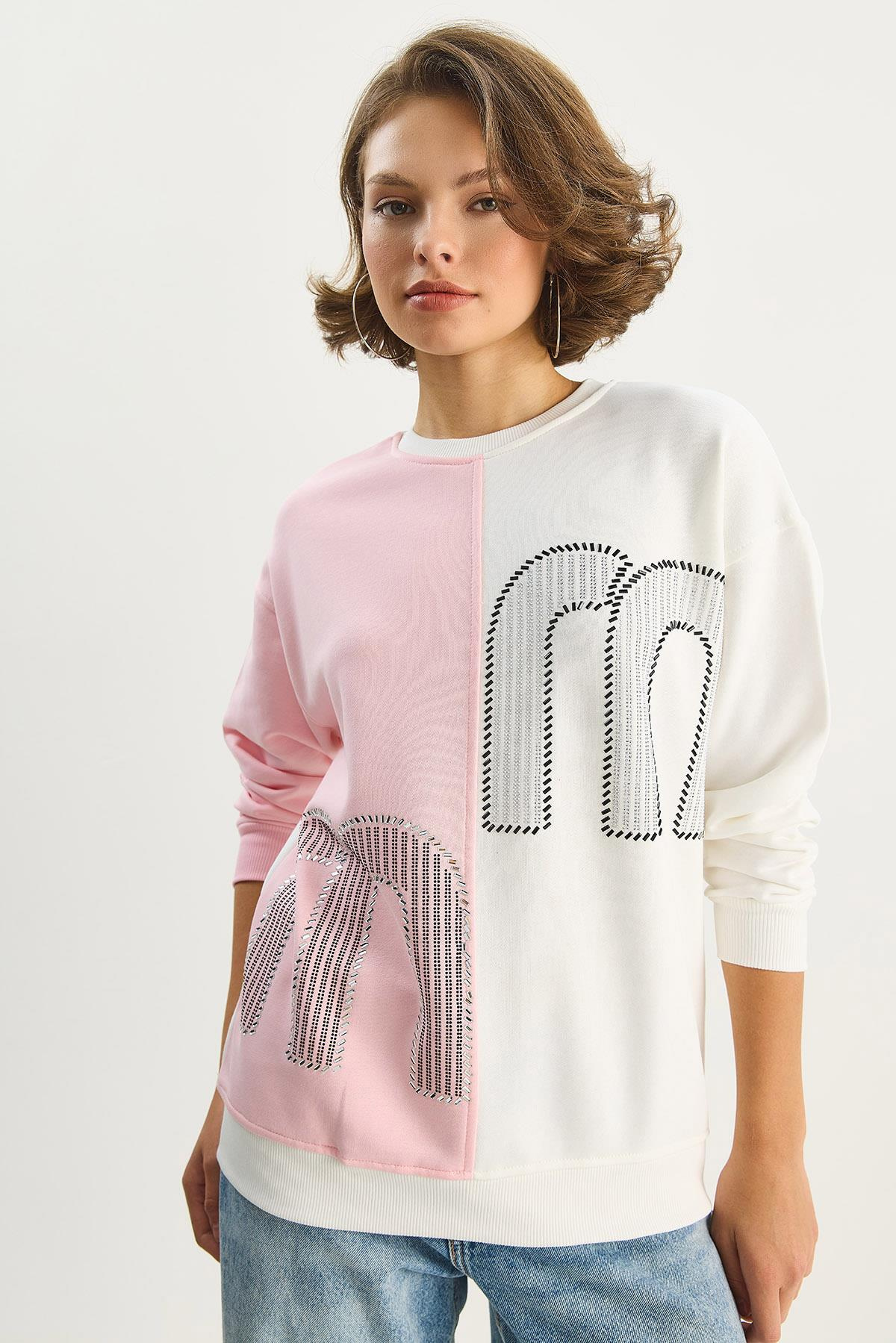 Kadın Bisiklet Yaka Taş İşlemeli Renk Bloklu Oversize Sweatshirt 1453 60283634 - Ekru-Pembe SWEATSHİRT modelleri