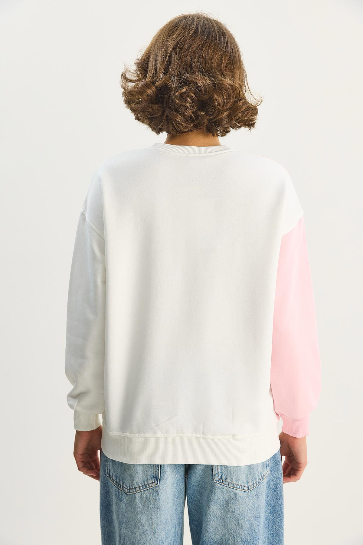 Kadın Bisiklet Yaka Taş İşlemeli Renk Bloklu Oversize Sweatshirt 1453 60283634 - Ekru-Pembe SWEATSHİRT modelleri
