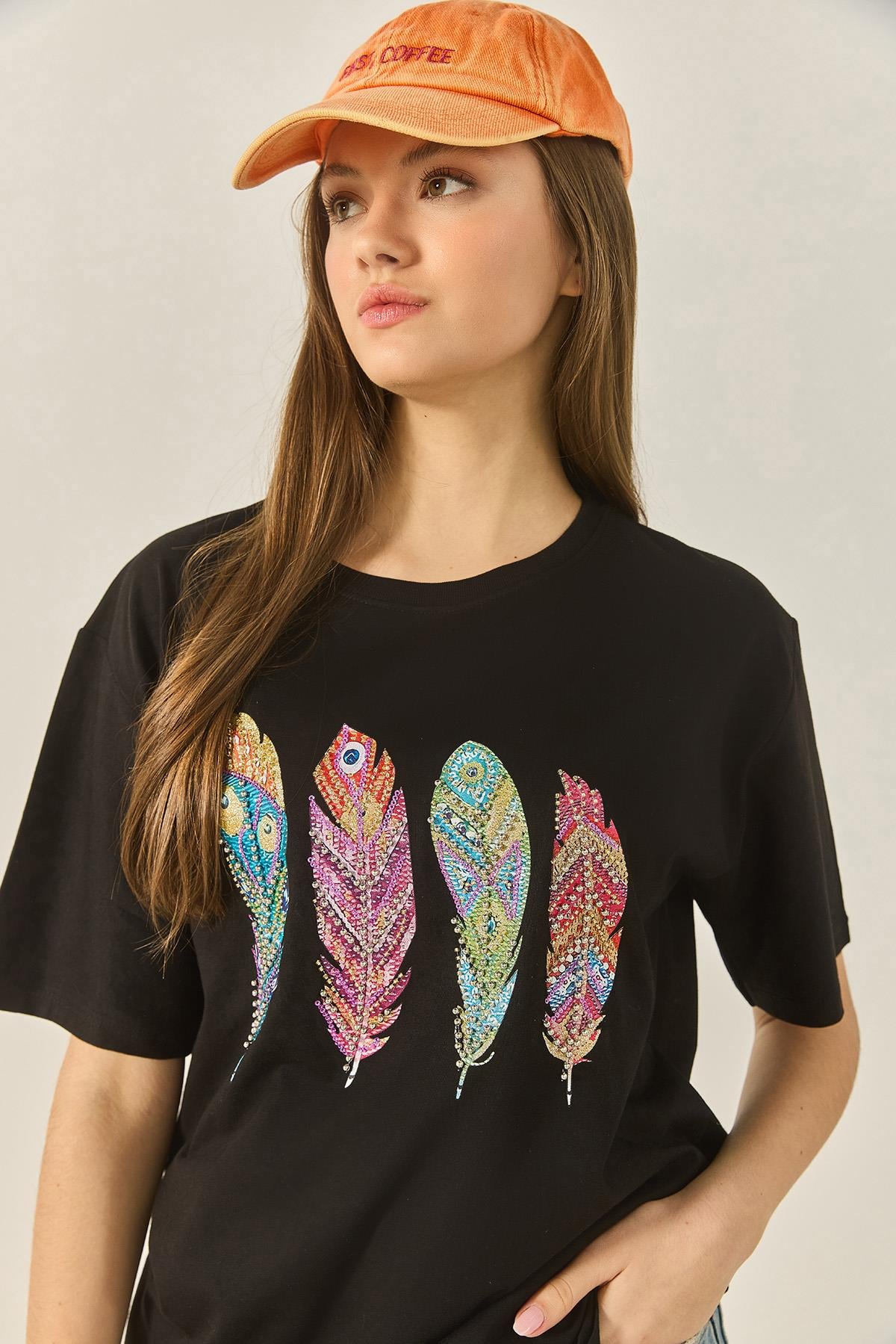 Kadın Bisiklet Yaka Tüy Desen Boncuk İşlemeli Oversize Pamuklu T-Shirt 1820 60283285 - Siyah