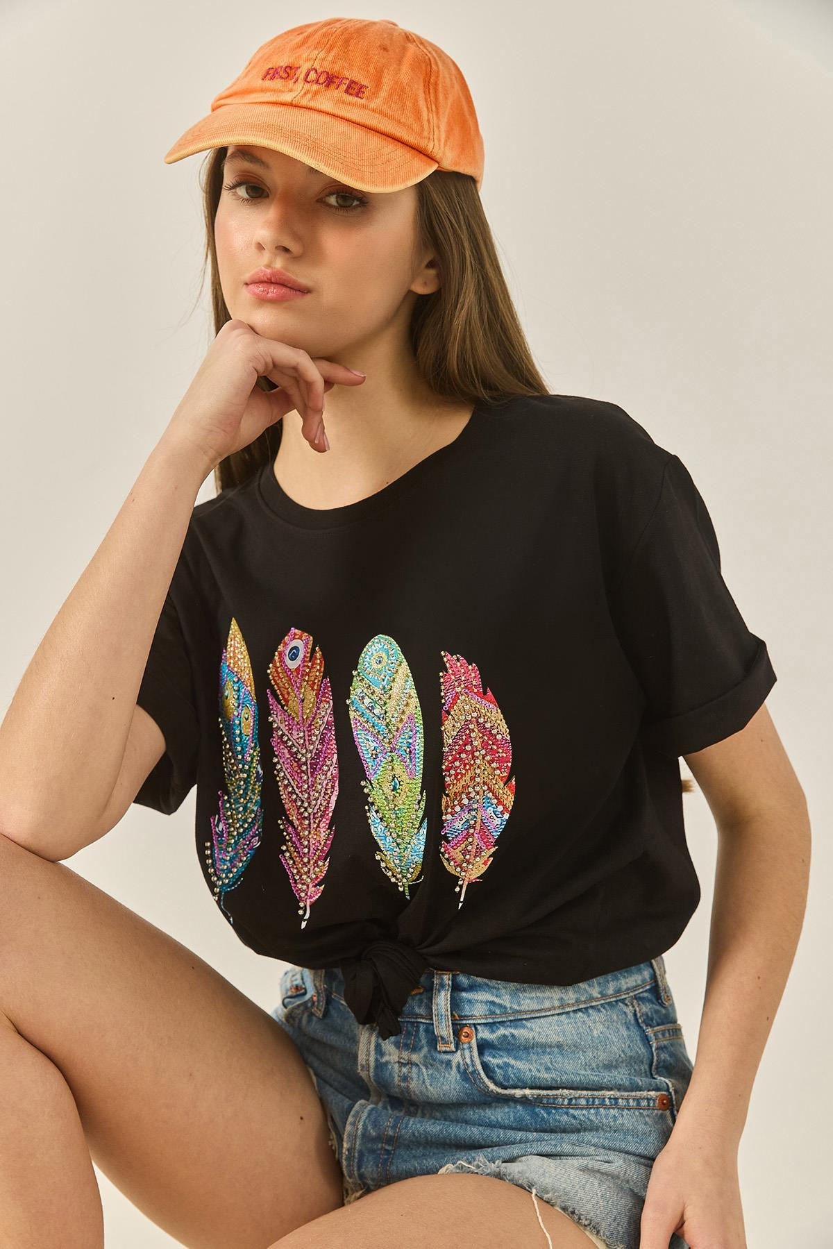 Kadın Bisiklet Yaka Tüy Desen Boncuk İşlemeli Oversize Pamuklu T-Shirt 1820 60283285 - Siyah