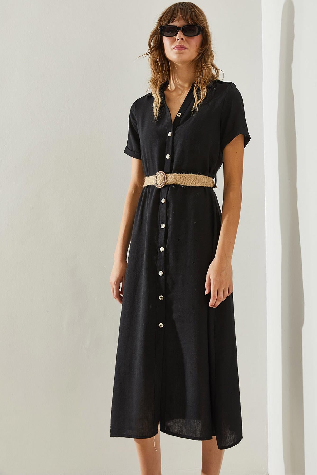 Kadın Boydan Düğmeli Kısa Kollu Hasır Kemerli Keten 2743 Elbise 60251393 - Siyah ELBİSE modelleri