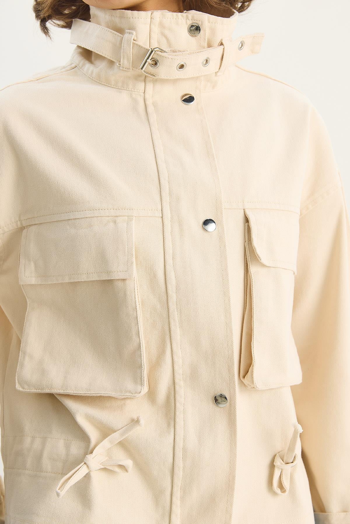 Kadın Büyük Cep Detaylı Fermuarlı Gabardin Denim Ceket 4074 60283666 - Krem CEKET modelleri