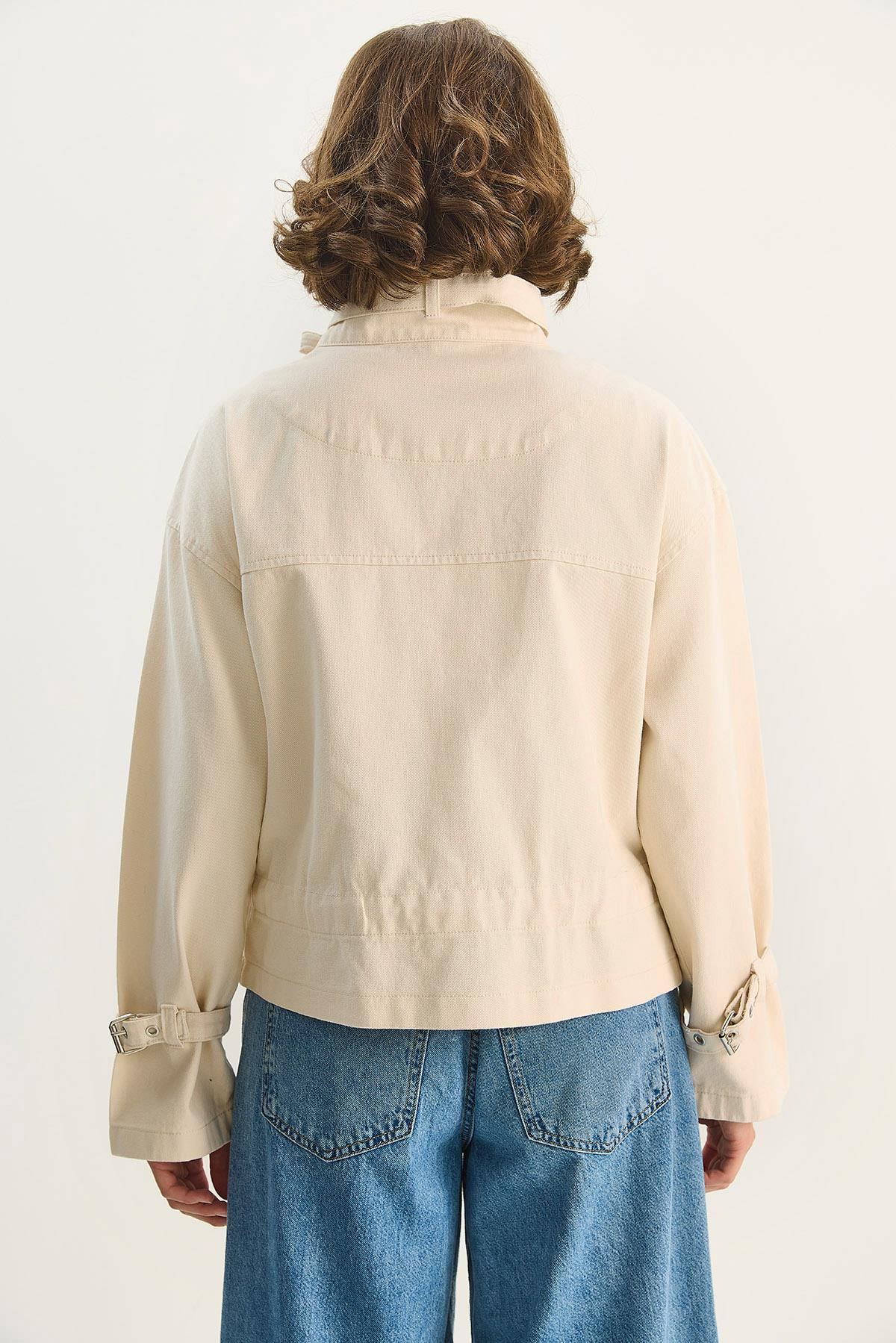 Kadın Büyük Cep Detaylı Fermuarlı Gabardin Denim Ceket 4074 60283666 - Krem CEKET modelleri