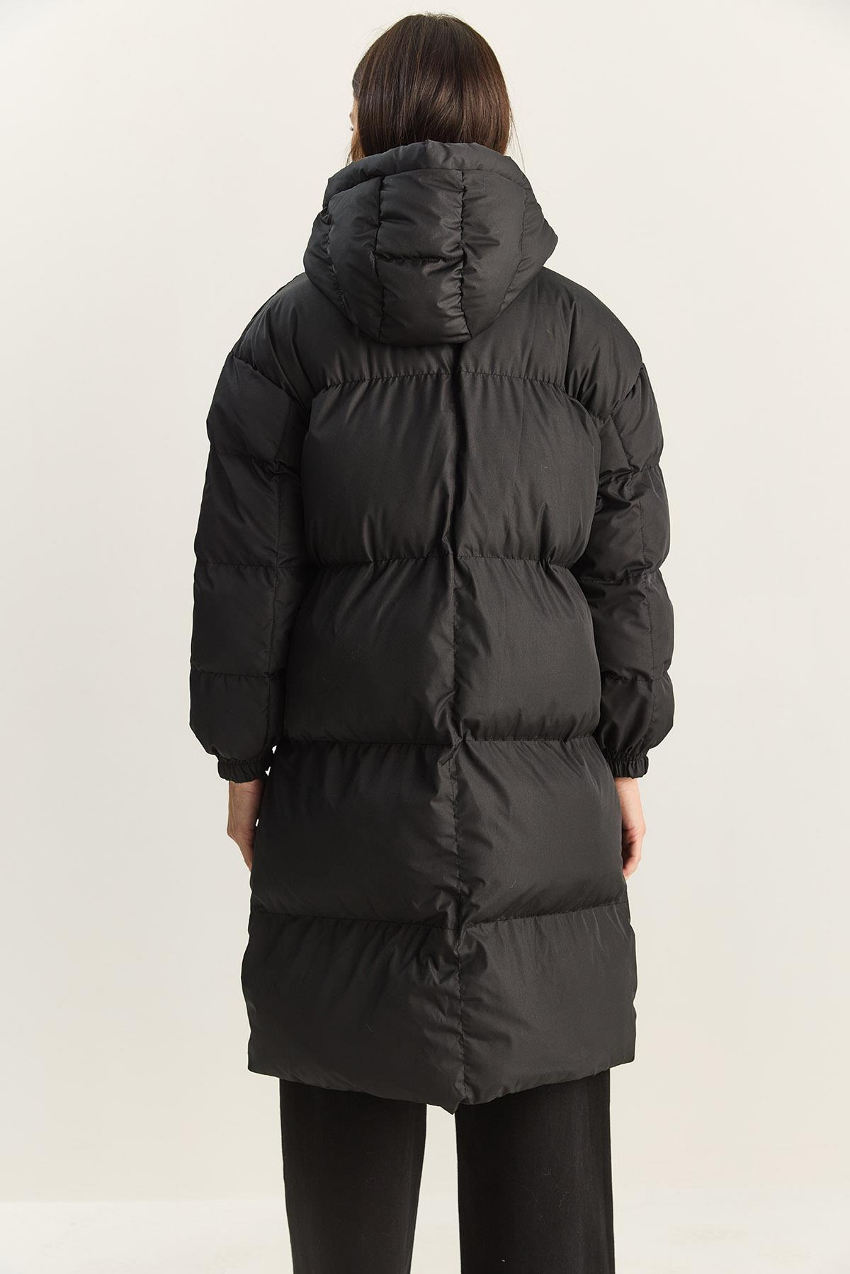 Kadın Cep Detaylı Astarlı Kapüşonlu Uzun Puffer Mont 1129 60283868 - Siyah DIŞ GİYİM modelleri