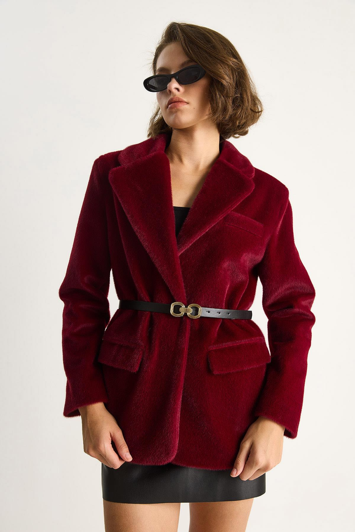 Kadın Cep Detaylı Astarlı Kemerli Peluş Dokulu Blazer Ceket 2761 60281110 - Bordo CEKET modelleri