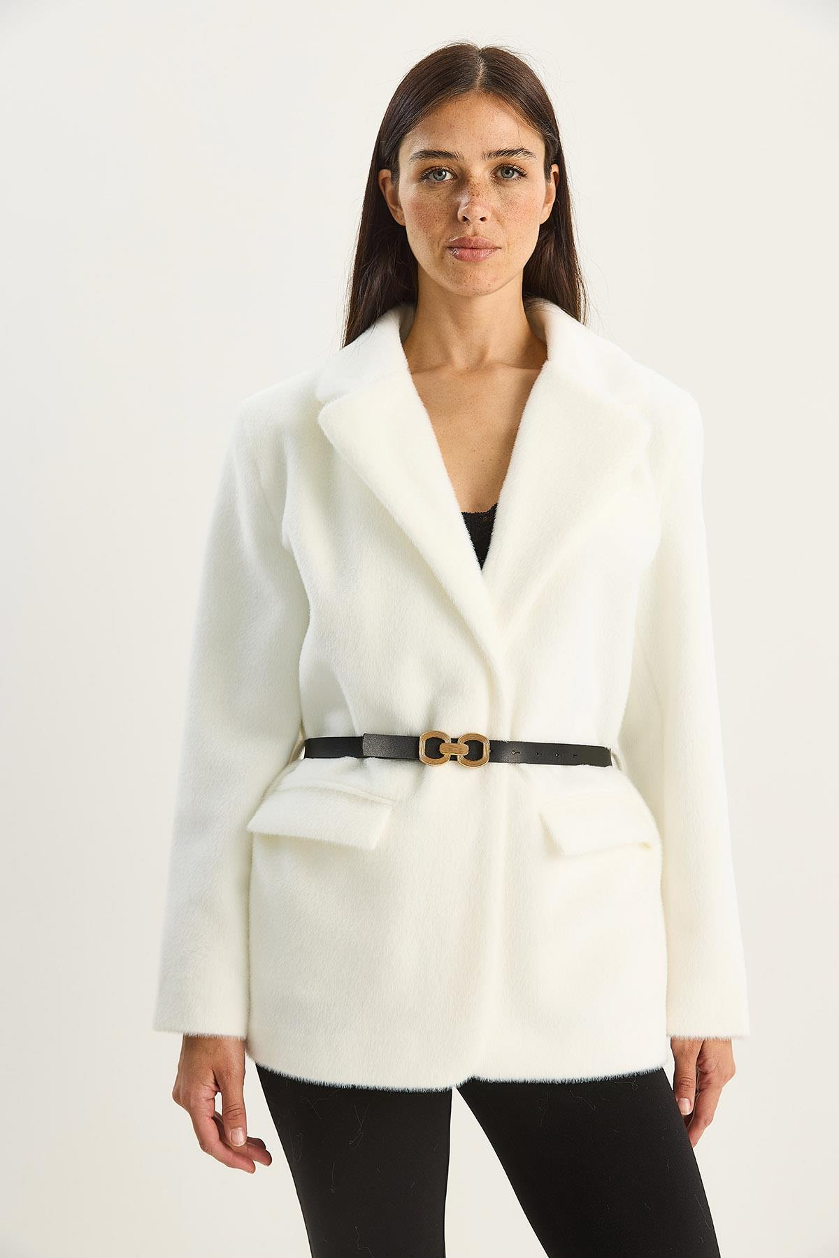 Kadın Cep Detaylı Astarlı Kemerli Peluş Dokulu Blazer Ceket 2761 60281110 - Beyaz CEKET modelleri