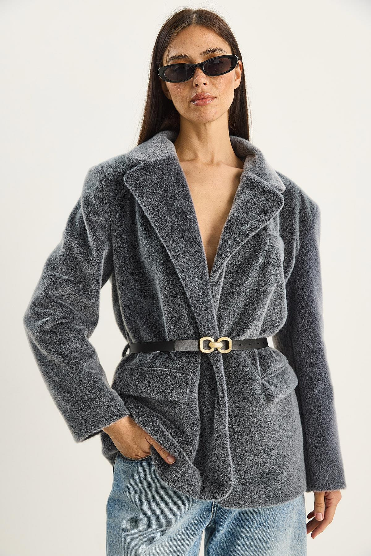 Kadın Cep Detaylı Astarlı Kemerli Peluş Dokulu Blazer Ceket 2761 60281110 - Füme CEKET modelleri