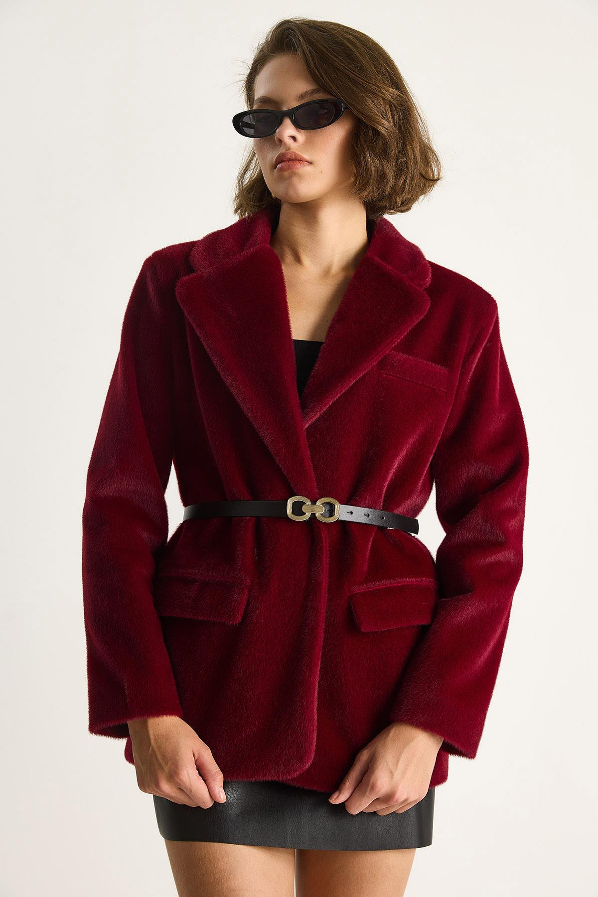 Kadın Cep Detaylı Astarlı Kemerli Peluş Dokulu Blazer Ceket 2761 60281110 - Bordo CEKET modelleri