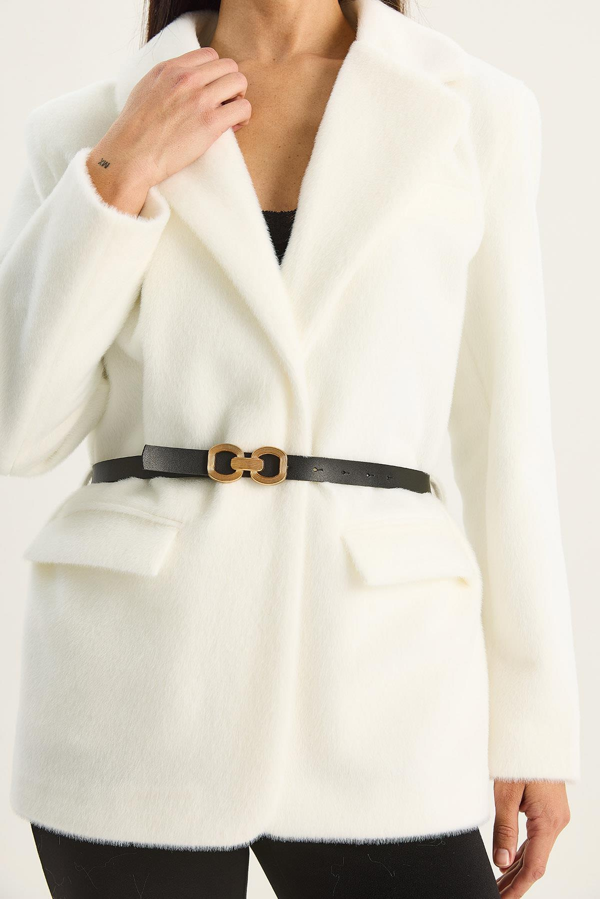 Kadın Cep Detaylı Astarlı Kemerli Peluş Dokulu Blazer Ceket 2761 60281110 - Beyaz CEKET modelleri
