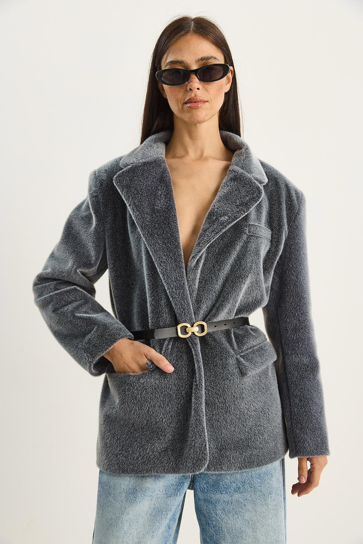Kadın Cep Detaylı Astarlı Kemerli Peluş Dokulu Blazer Ceket 2761 60281110 - Füme CEKET modelleri