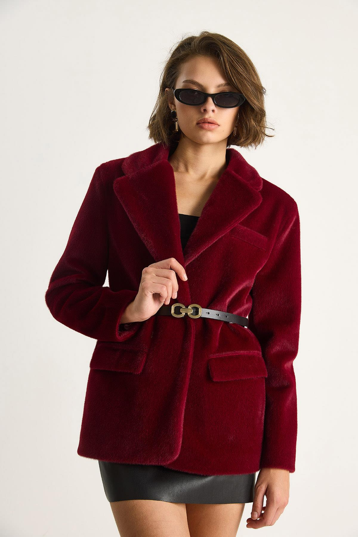 Kadın Cep Detaylı Astarlı Kemerli Peluş Dokulu Blazer Ceket 2761 60281110 - Bordo CEKET modelleri