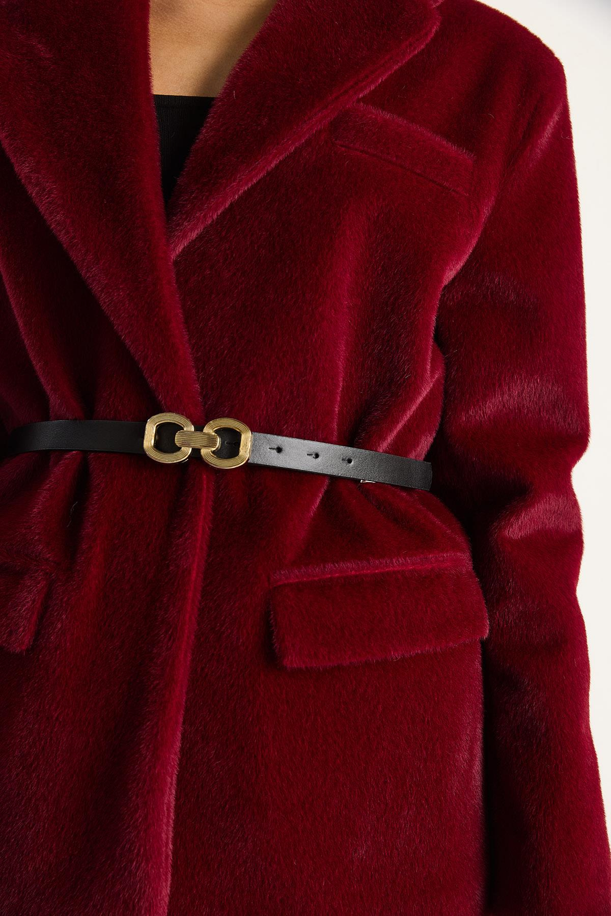 Kadın Cep Detaylı Astarlı Kemerli Peluş Dokulu Blazer Ceket 2761 60281110 - Bordo CEKET modelleri